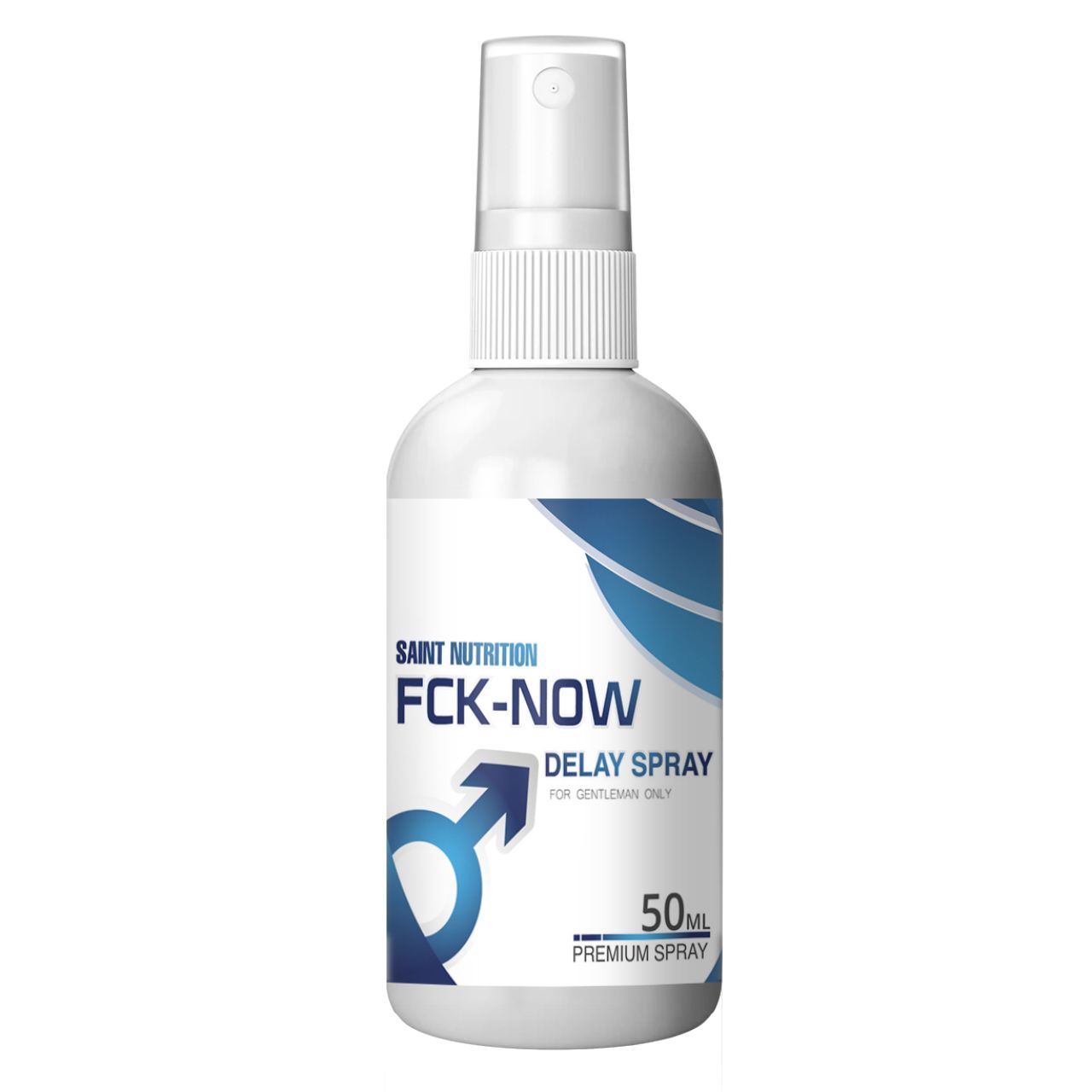 Weiße Sprühflasche mit blauem Logo und Text. Enthält "FCK-NOW Delay Spray". 50ml.