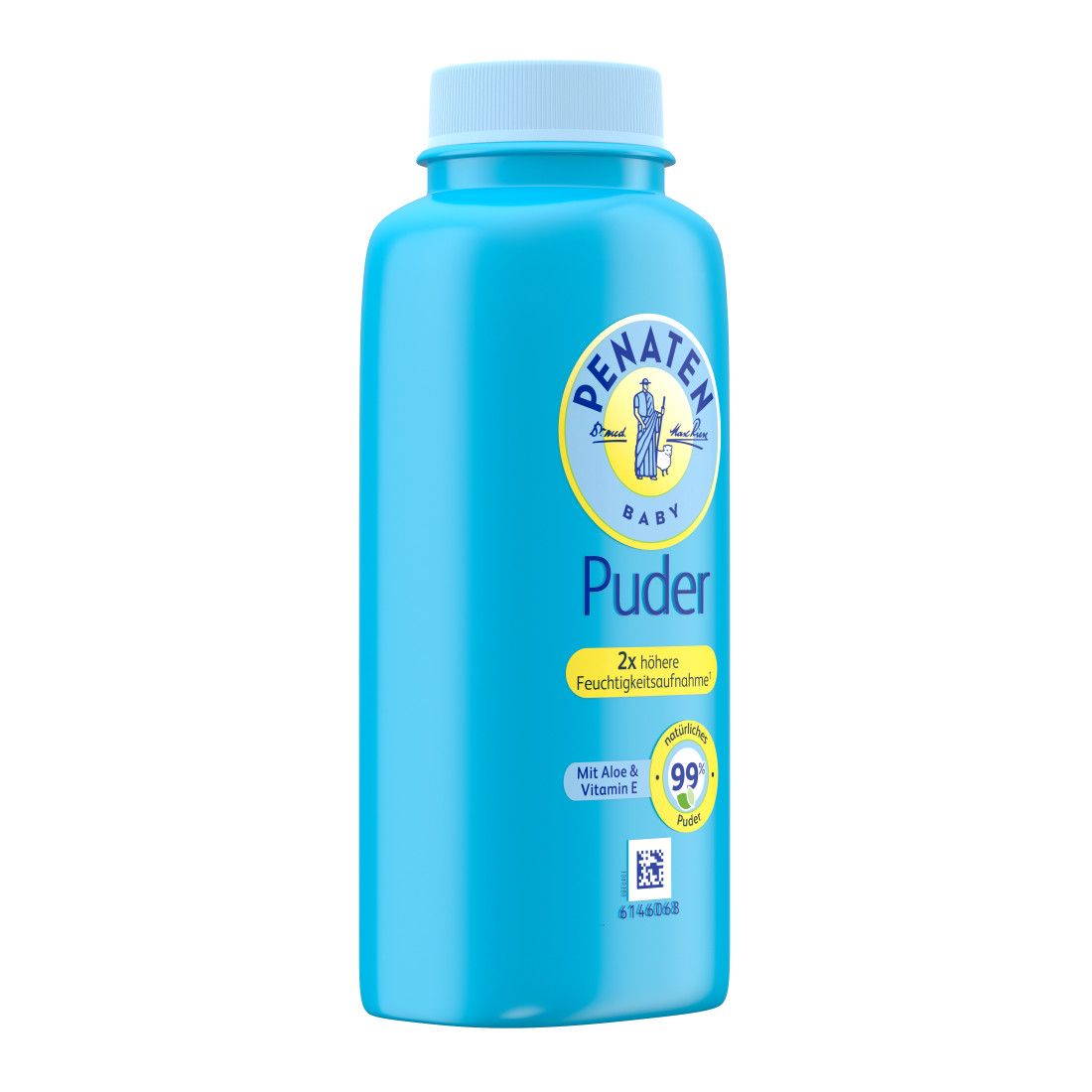 Hellblaue Flasche Penaten Baby Puder. Weißer Deckel. Gelbe Schrift: Puder, 2x höhere Feuchtigkeitsaufnahme. Mit Aloe & Vitamin E.