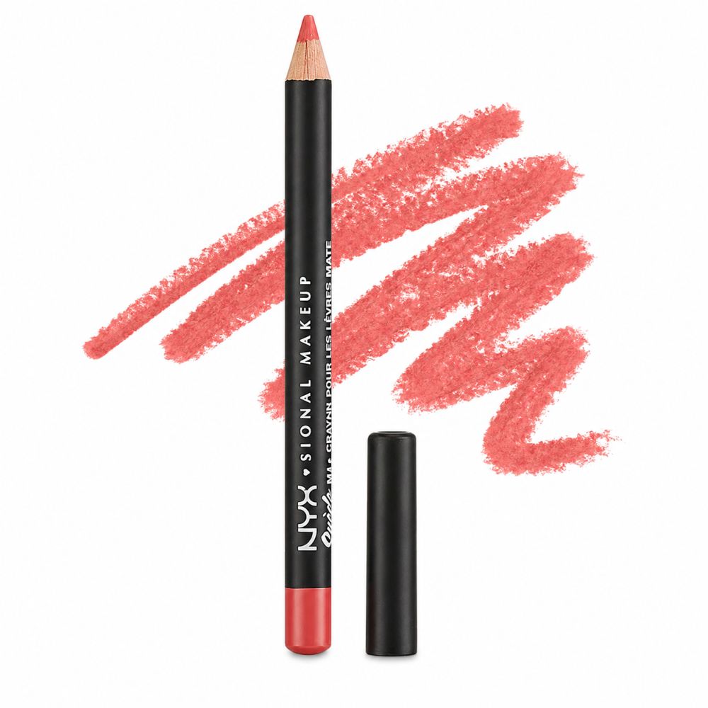 NYX Matt Lipliner in Koralle, mit abgelegter Kappe und Farbabstrich. Schwarzer Stift.