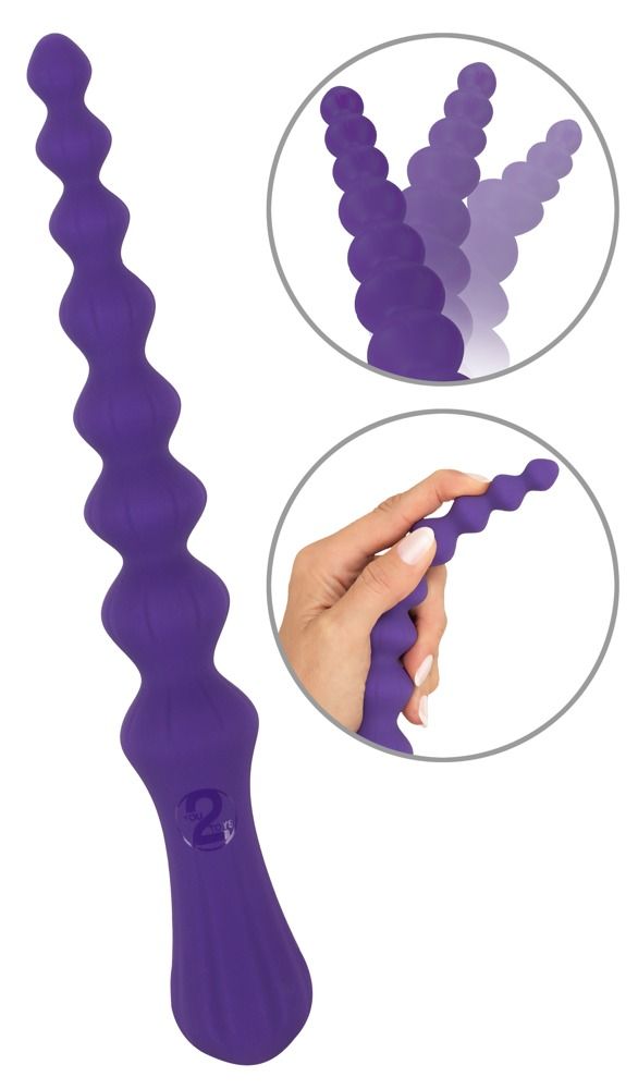 Violettfarbener Anal-Wand mit wellenförmiger Oberfläche. Zusätzliche Nahaufnahmen zeigen die Form und die Handhabung.