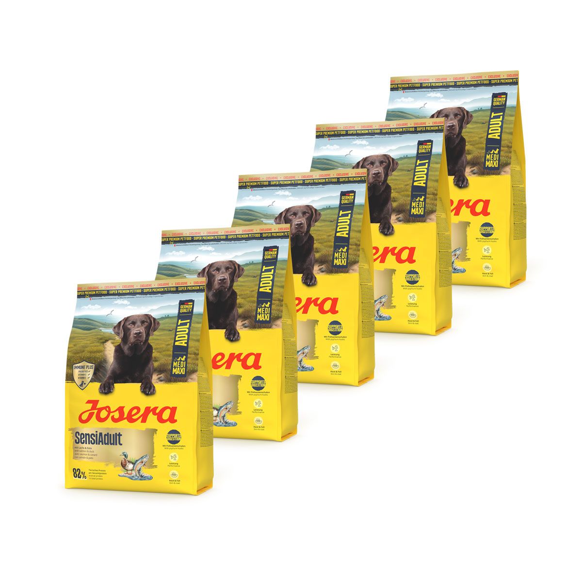 Fünf Josera SensiAdult Hundefutter-Packungen, gelb mit Hundemotiv.