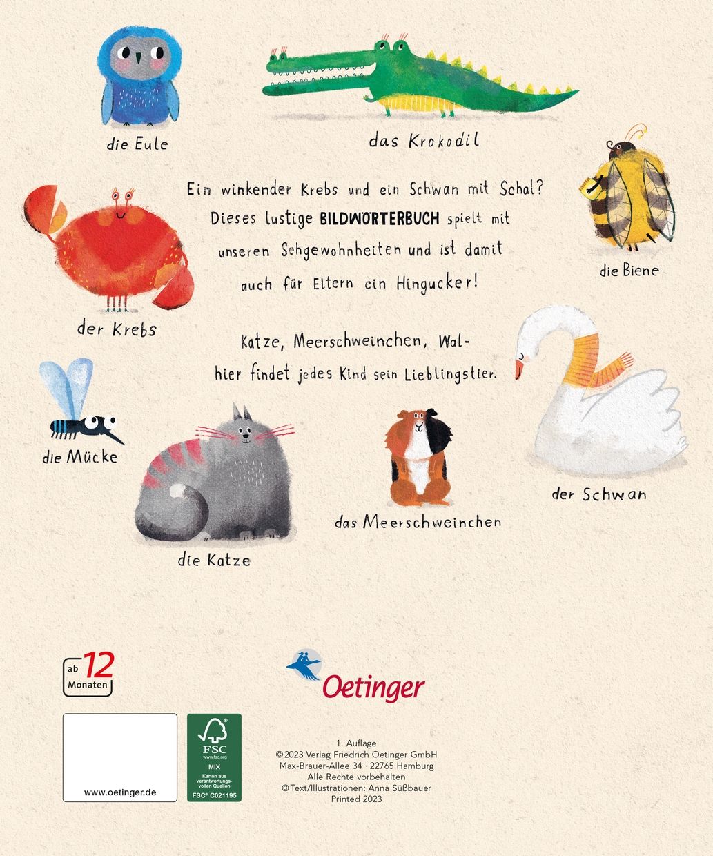 Rückseite des Buches "Meine ersten Tiere". Illustrationen von Tieren. Text in Deutsch. Verlag Oetinger. FSC-Siegel. Ab 12 Monaten.