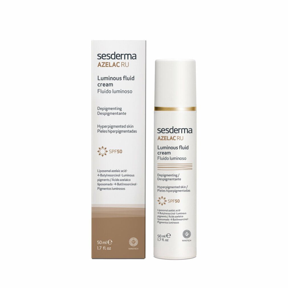 Sesderma Azelac Ru Luminous Fluid Cream und Verpackung. Weißes Fläschchen mit brauner Verpackung. Text: SPF50, Luminous Fluid Cream.
