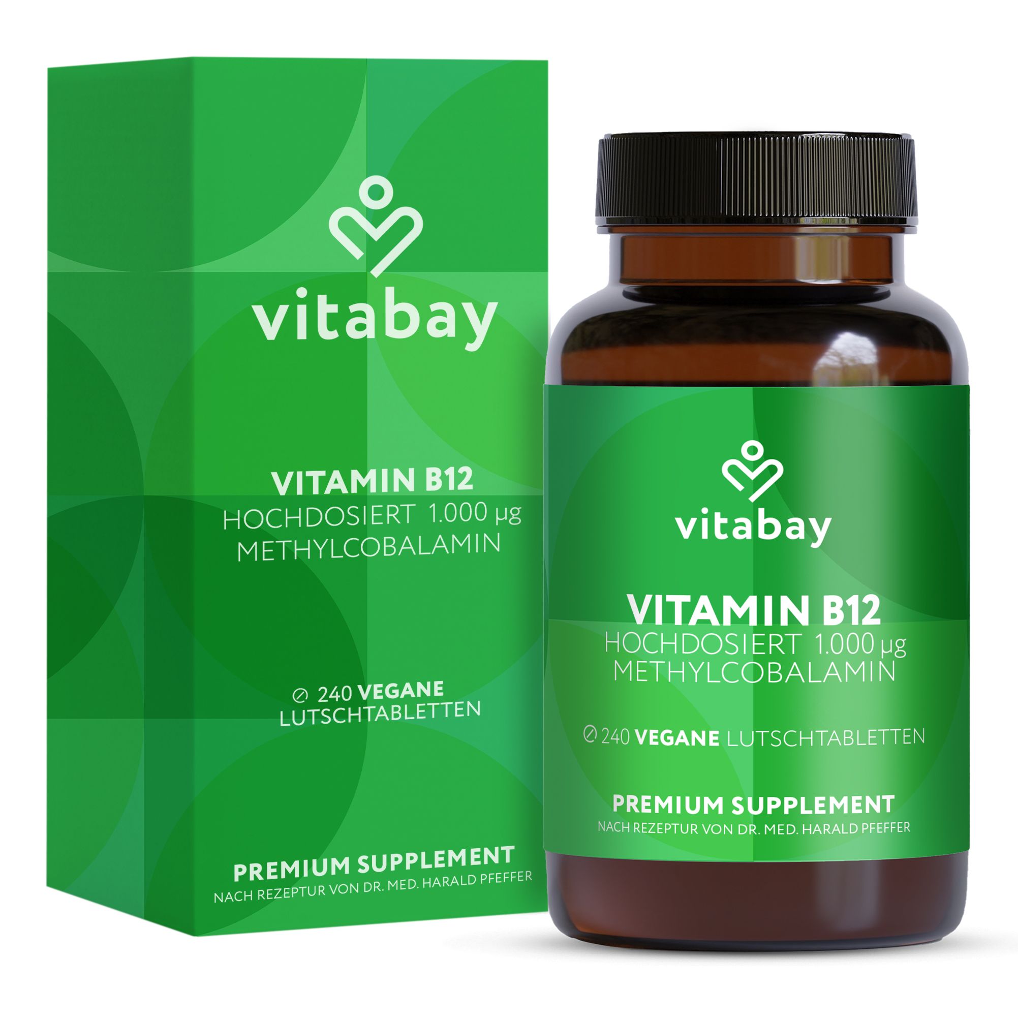 Vitabay Vitamin B12 Depot 1000 mcg: Braune Flasche und grüne Faltschachtel mit Produktinformationen.