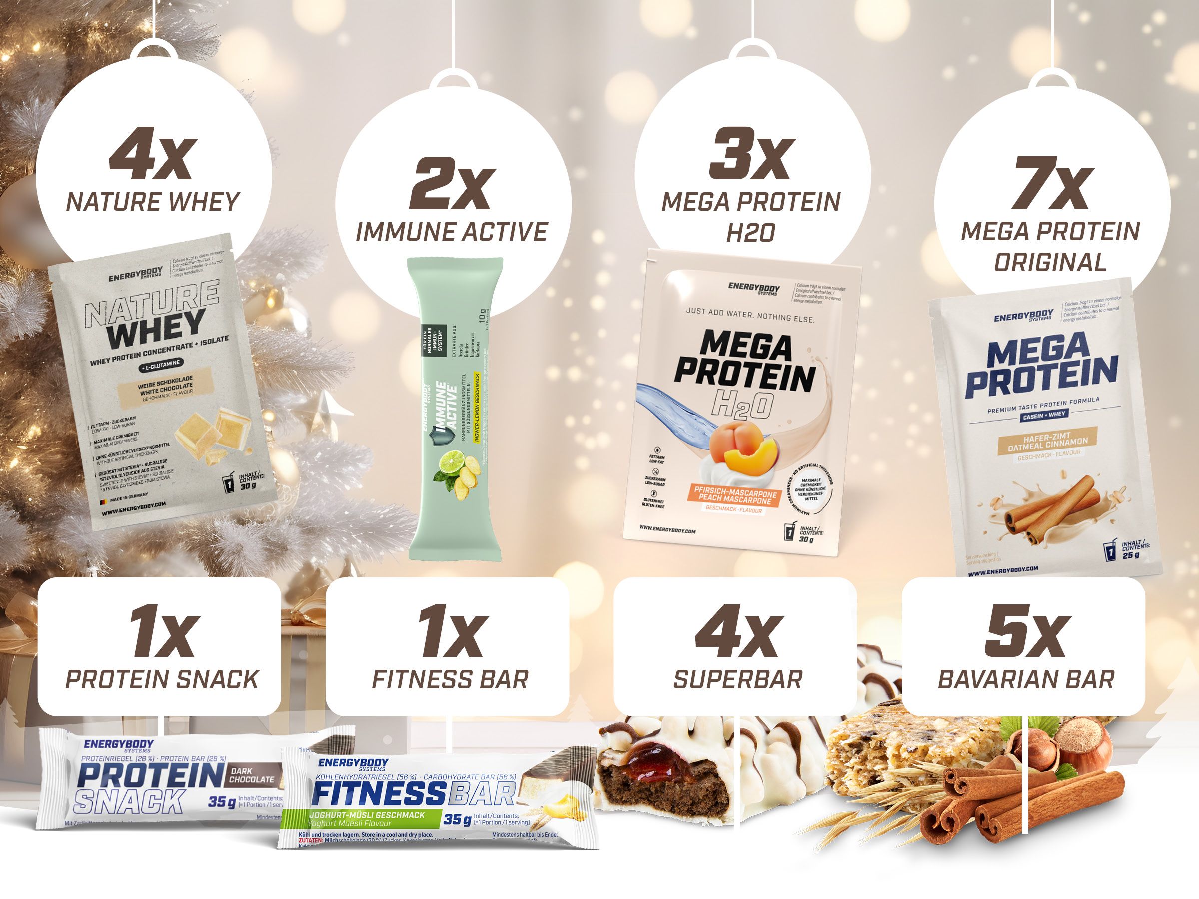 Verschiedene Riegel und Protein-Päckchen. Aufschrift: Nature Whey, Immune Active, Mega Protein, Protein Snack, Fitness Bar, Superbar, Bavarian Bar.