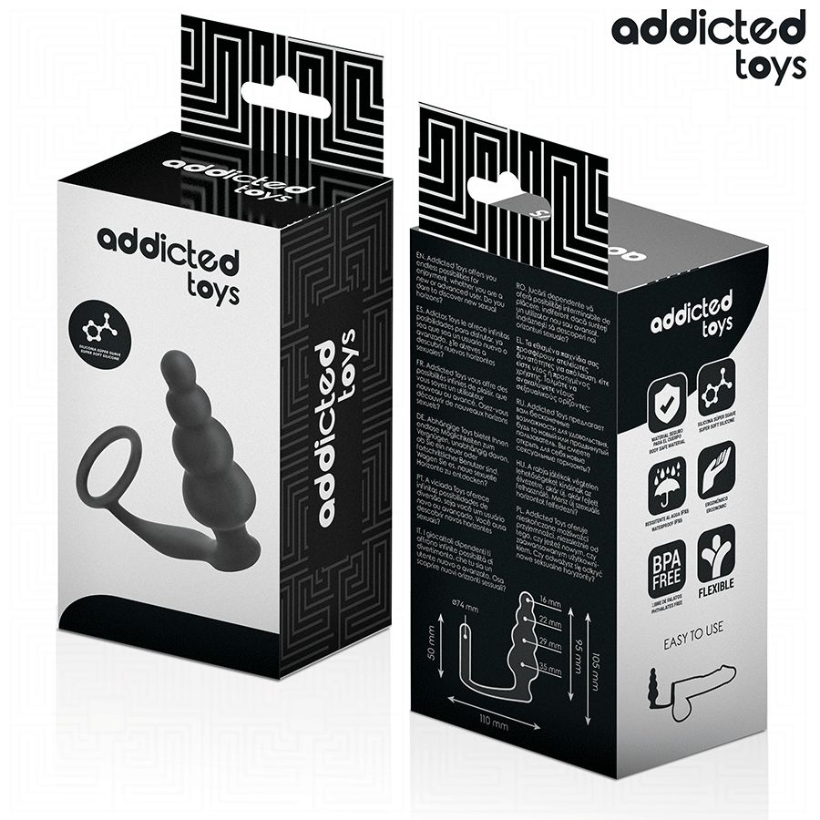 Verpackung des Analplugs mit Hodenring. Box mit Produkt und technischen Zeichnungen. Marke: Addicted Toys.
