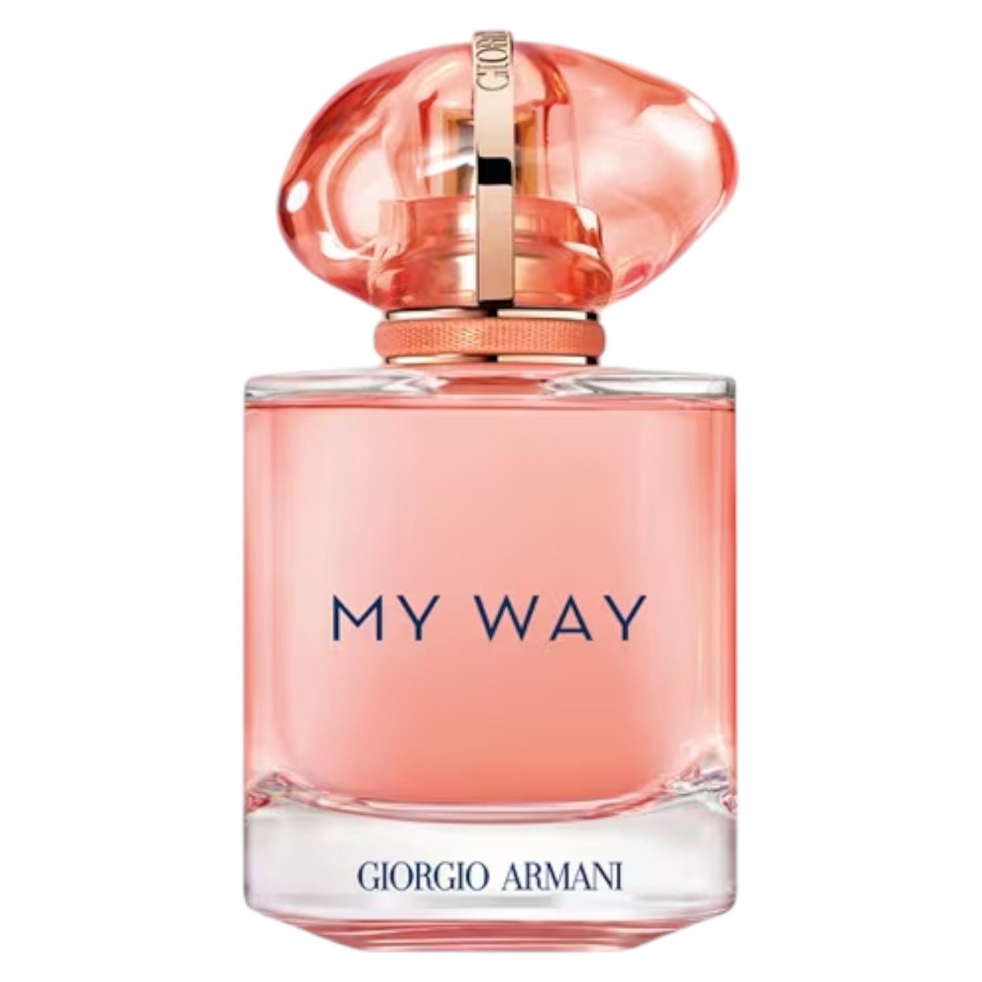 Parfümflakon mit rosa Flüssigkeit. Aufschrift "MY WAY" und "GIORGIO ARMANI". Transparenter Glasflakon mit rosafarbenem Deckel.