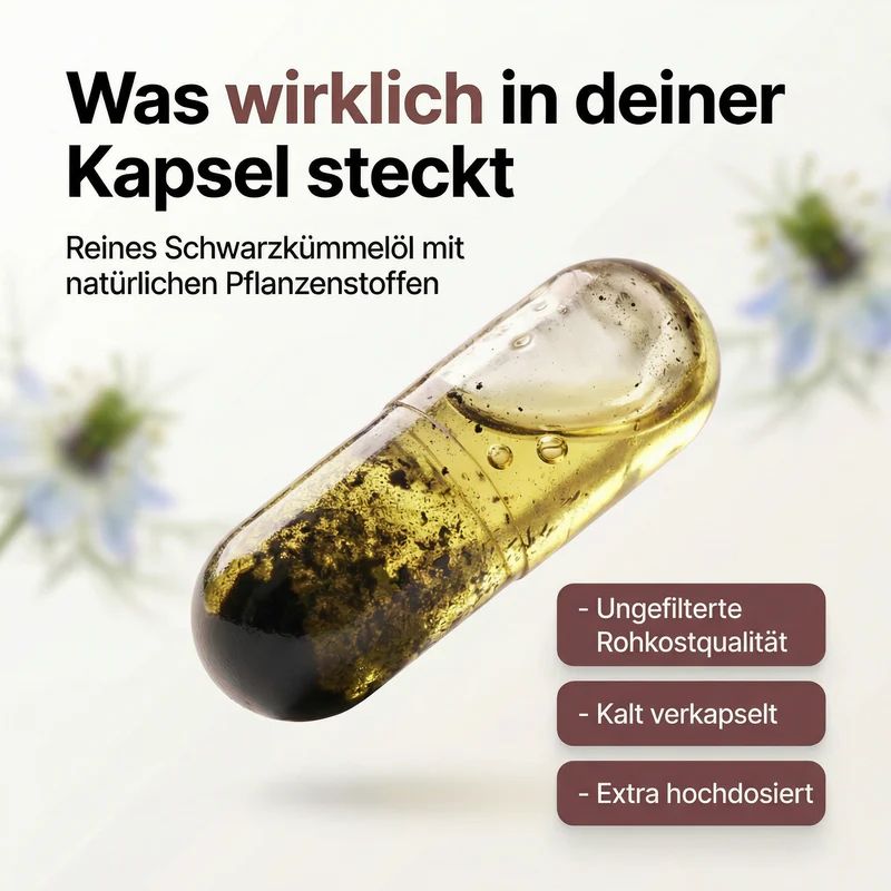 Eine einzelne Schwarzkümmelöl-Kapsel mit gelbem Öl und dunklen Partikeln. Zwei Infoboxen daneben.