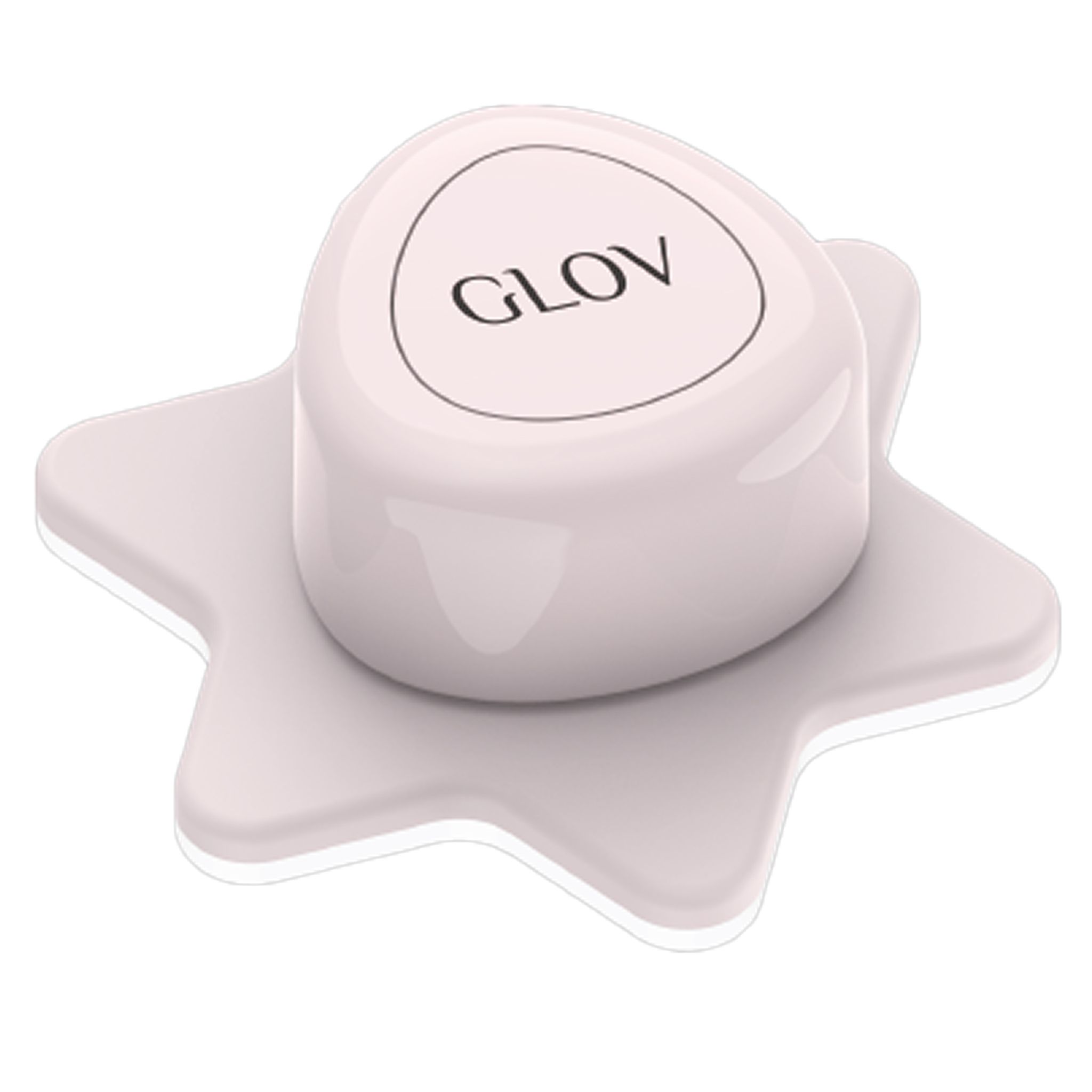 Ein sternförmiger Halter mit einem runden, weißen Behälter mit GLOV-Logo.
