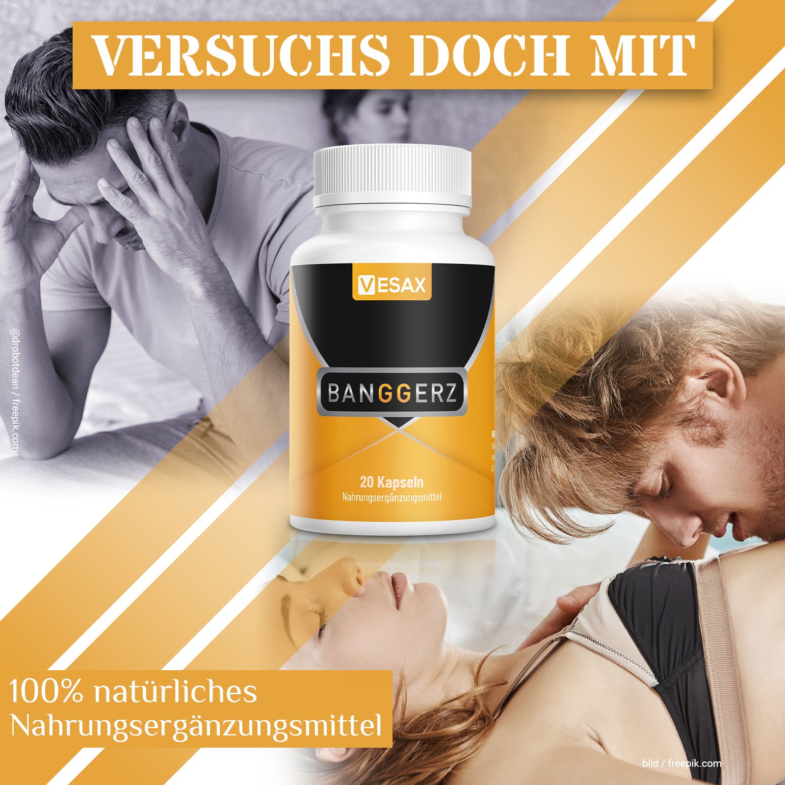 Flasche mit VESAX und BANGGERZ. Text: 100% natürliches Nahrungsergänzungsmittel. Hintergrund: Personen in intimen Situationen.