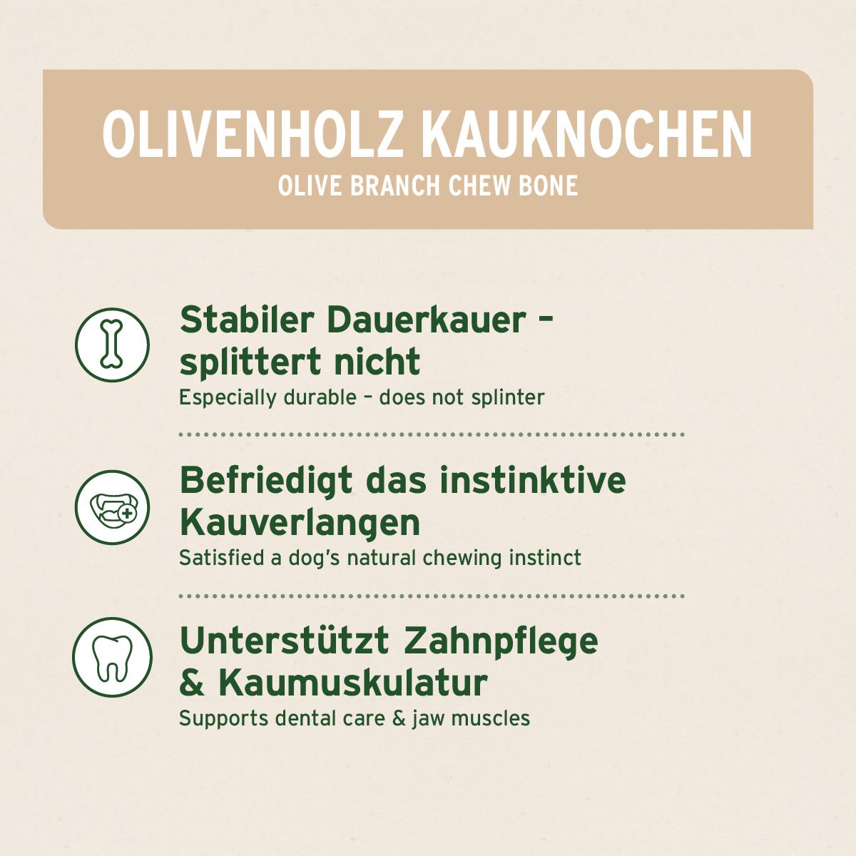 Text mit drei Vorteilen des Olivenholz-Kauspielzeugs: Langlebig, befriedigt Kauinstinkt, unterstützt Zahnpflege.