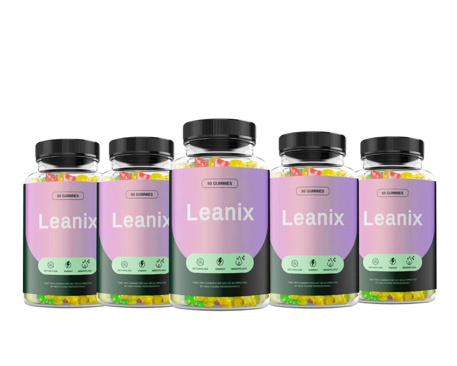 Fünf Glasflaschen mit bunten Gummibärchen. Aufschrift "Leanix" und "60 Gummies". Etikett mit Logos und Text.