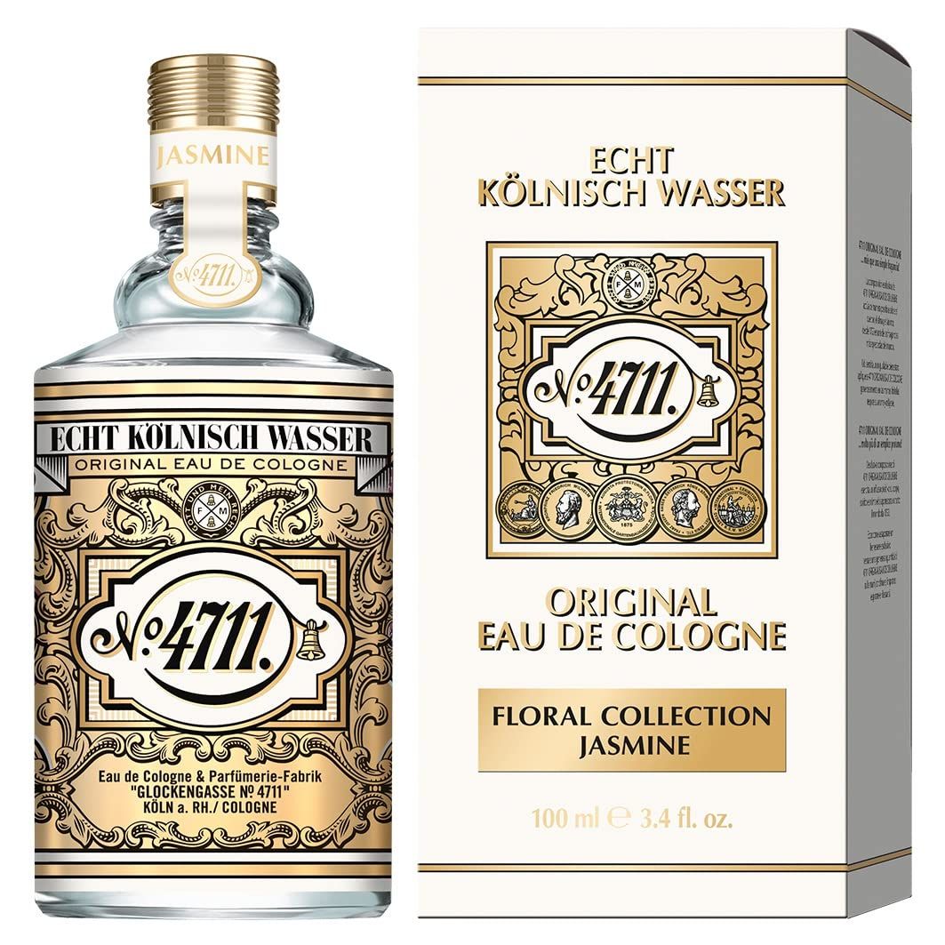 Flacone e confezione di Eau de Cologne. Scritta: Echt Kölnisch Wasser, Floral Collection Jasmine, Nr. 4711.