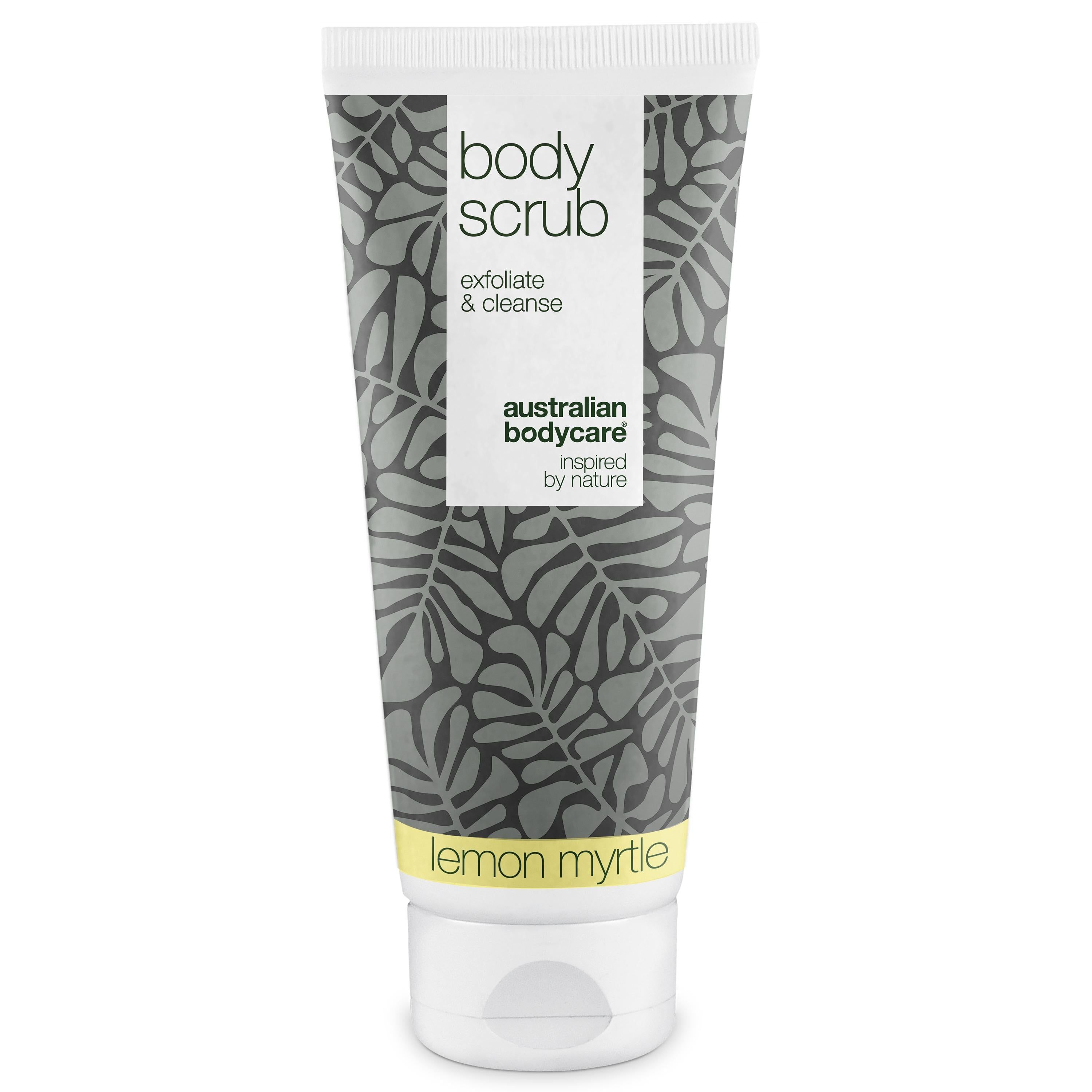 Tubo di scrub corpo con motivo floreale. Scritta: Body Scrub, Australian Bodycare, Lemon Myrtle.