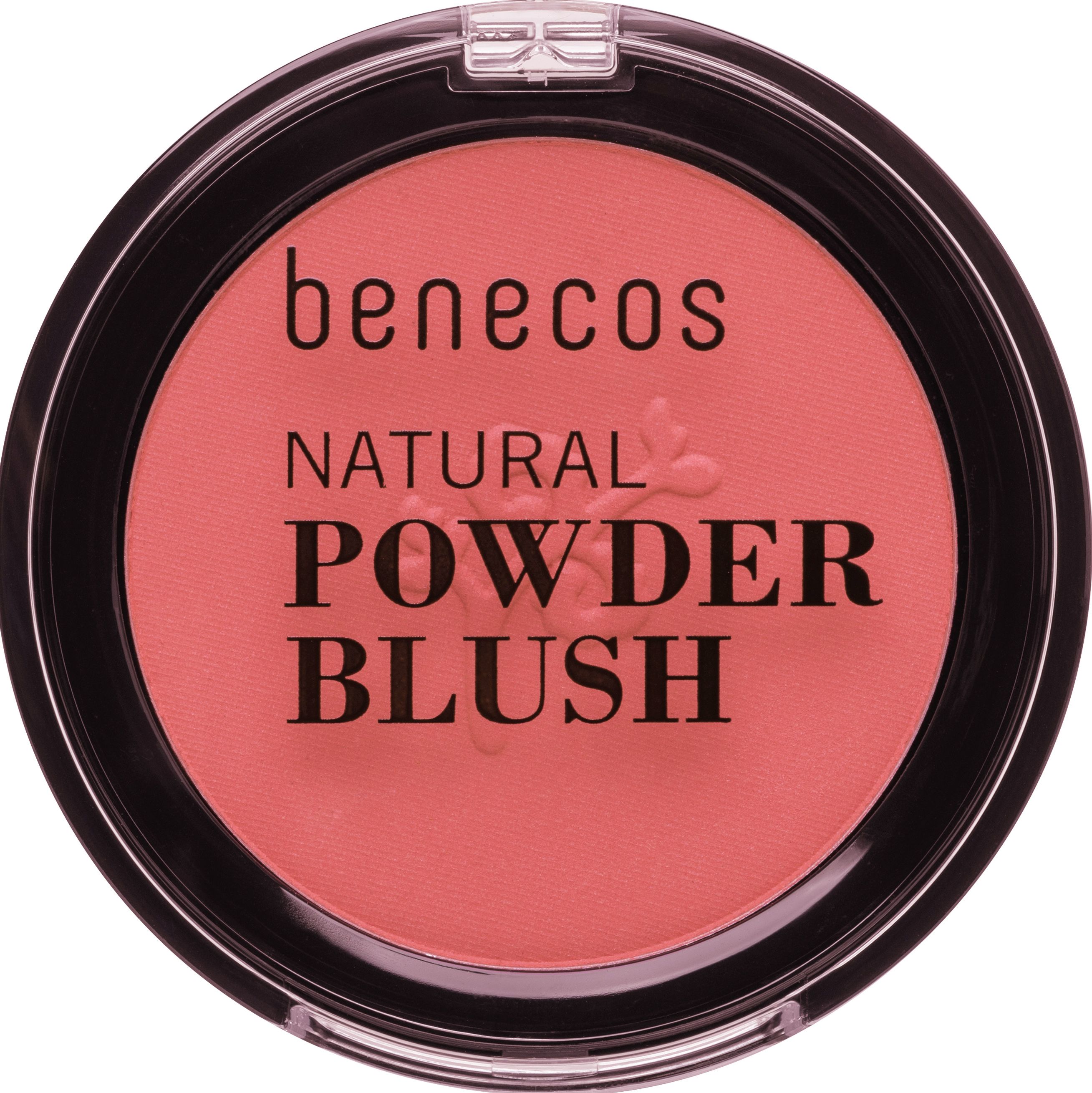 Benecos Natural Powder Blush Sassy Salmon in schwarzer Dose mit aufgedrucktem Text.