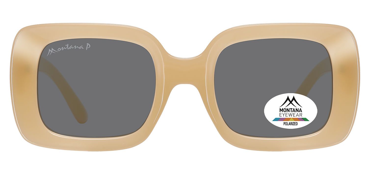 Beige Sonnenbrille mit quadratischen Gläsern. Logo Montana Eyewear und Polarized-Aufkleber. Hellbraune Bügel.