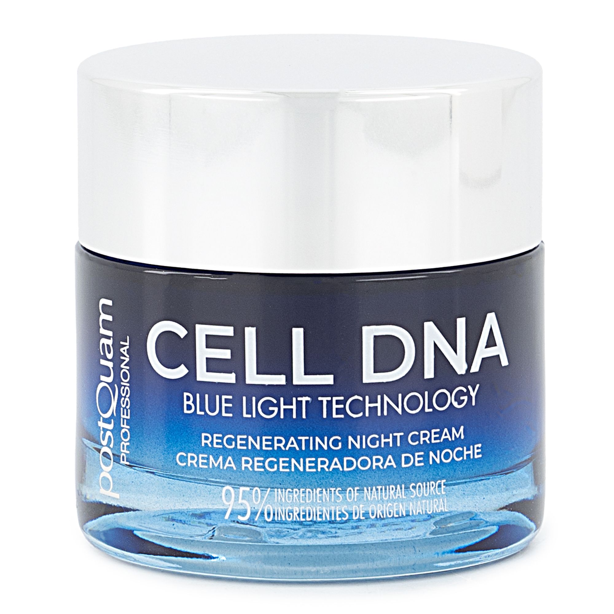Creme-Tiegel mit silbernem Deckel. Aufschrift CELL DNA, Blue Light Technology, Regenerating Night Cream. 95% Inhaltsstoffe natürlichen Ursprungs.