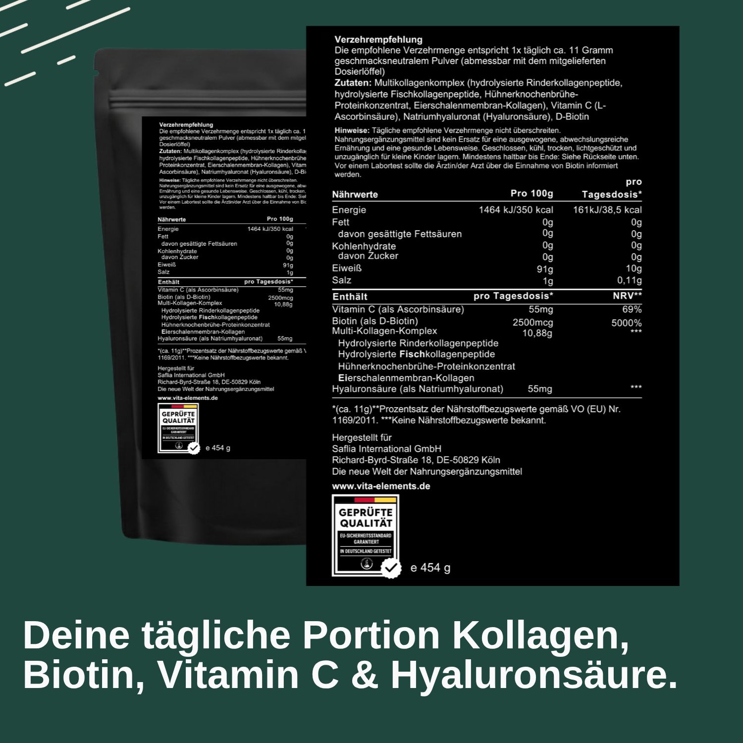 Rückseite eines Vita Elements Multi Kollagen Peptide Beutels mit Nährwertangaben und Anwendungsempfehlungen. Geprüfte Qualität.
