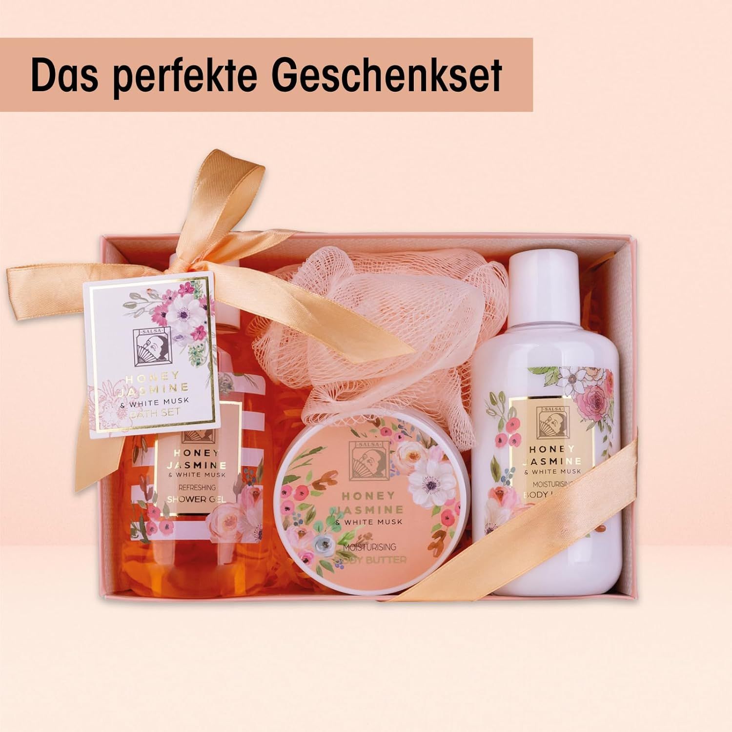 Geschenkbox mit Produkten: Duschgel, Bodylotion, Körperbutter und Badeschwamm. Schleife. Text: Das perfekte Geschenkset.