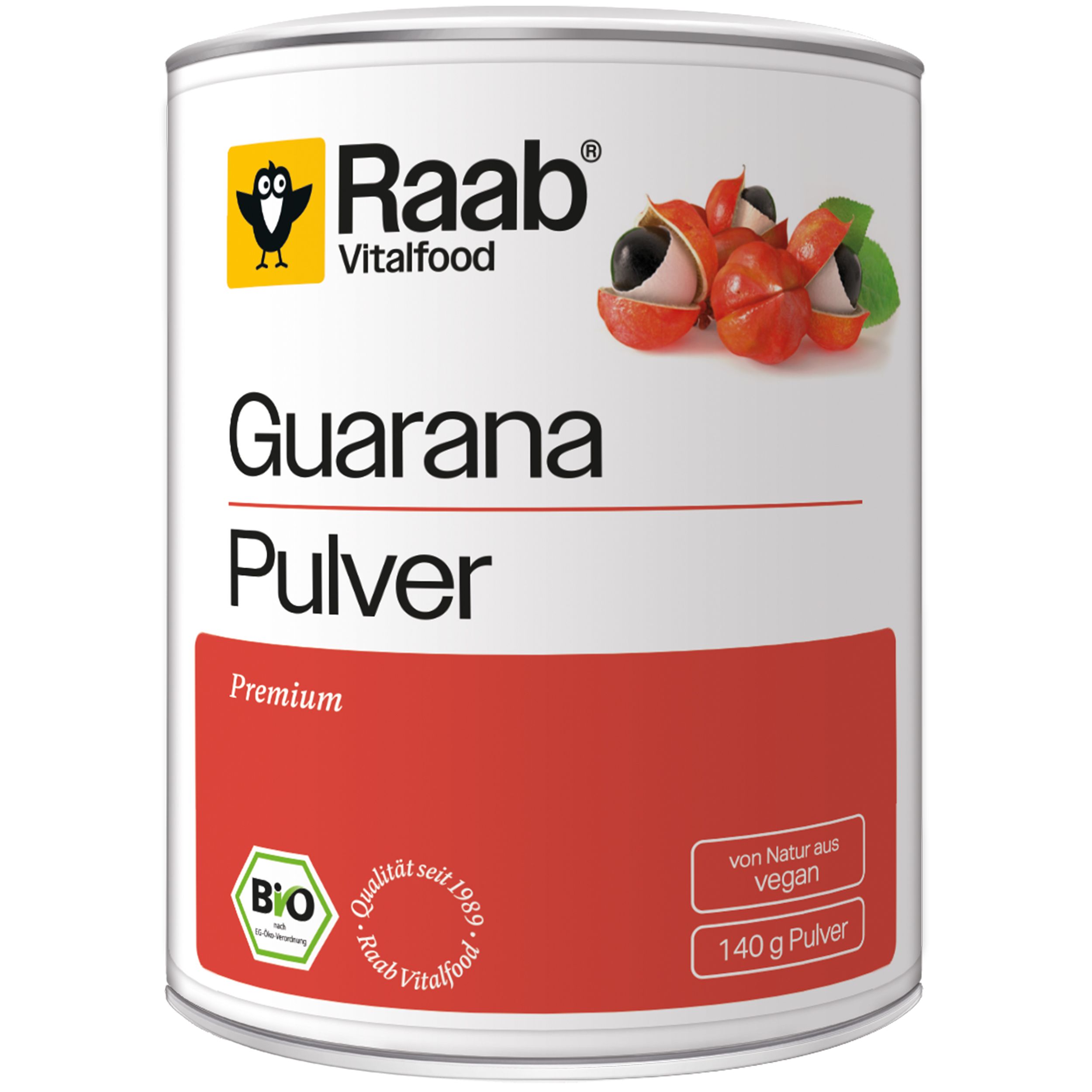 Weißes Behältnis mit rotem Streifen. Aufschrift: Guarana Pulver, Premium, Bio-Siegel, 140 g Pulver, vegan.