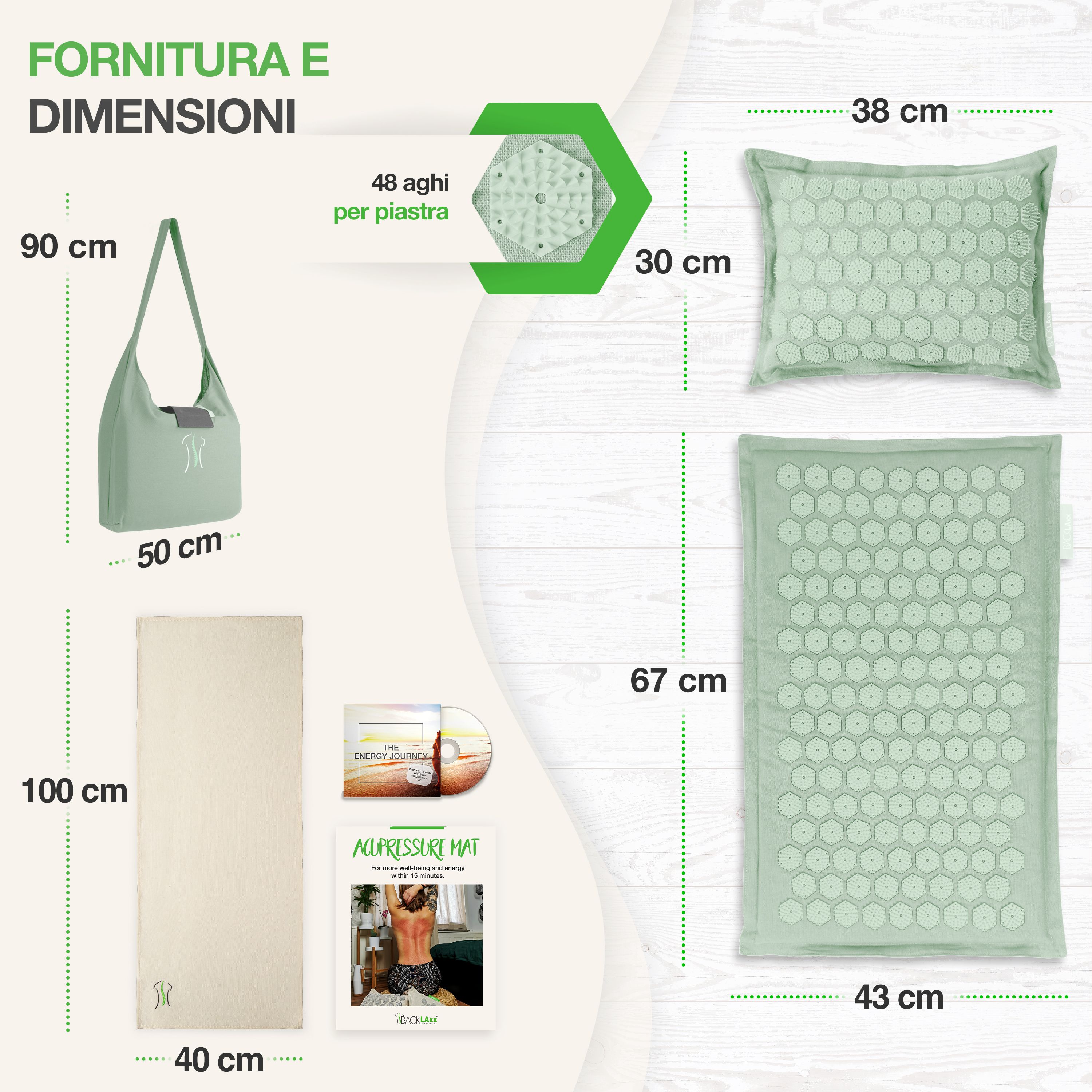 Infografica: Contenuto e dimensioni. Tappetino: 100x40cm. Cuscino: 38x30cm. Borsa: 90x50cm. E-book e brochure.
