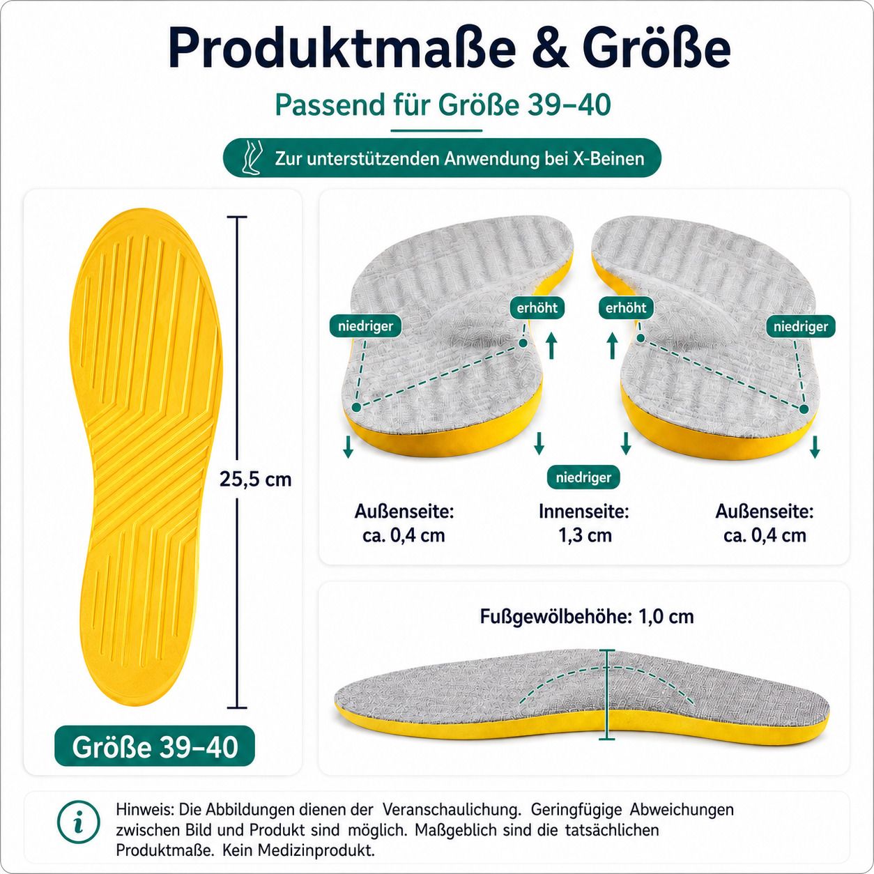 Größentabelle und Maße für keilförmige Einlegesohlen: 25,5 cm Länge, Größe 39-40.