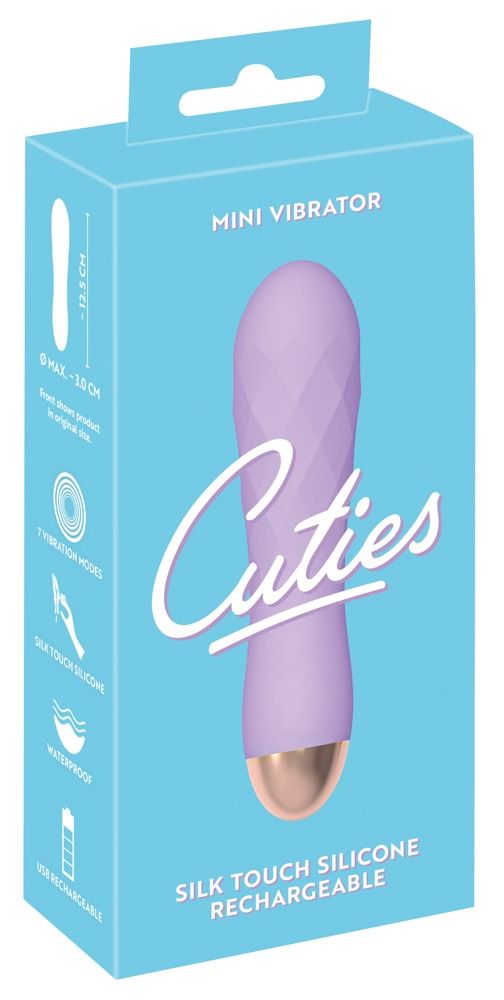Verpackung mit lila Vibrator-Abbildung. Text: Cuties, Mini Vibrator, Silk Touch Silicone, Rechargeable.