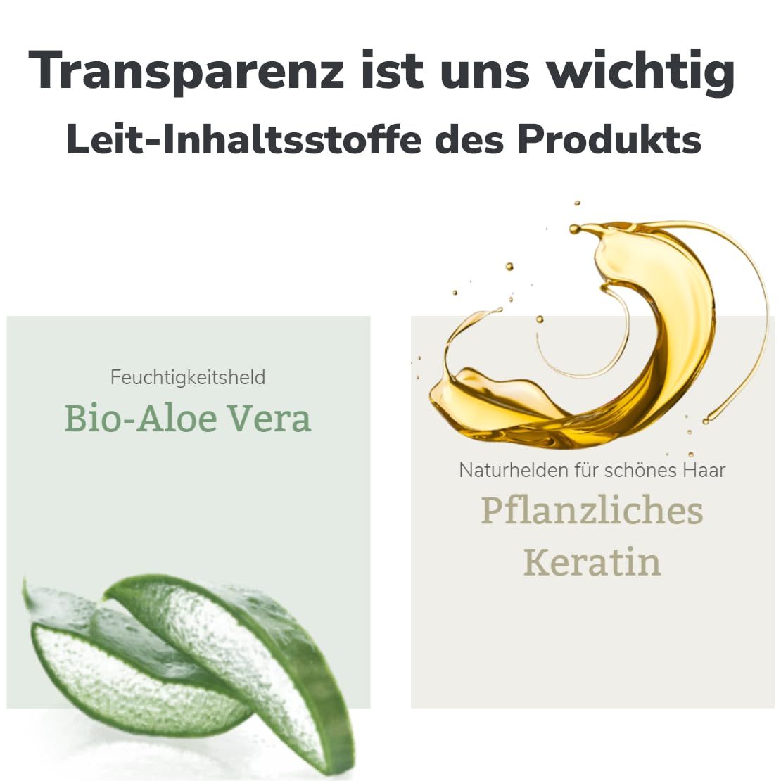 Zwei Illustrationen: Bio-Aloe Vera und pflanzliches Keratin. Text: Transparenz ist uns wichtig. Leit-Inhaltsstoffe des Produkts.