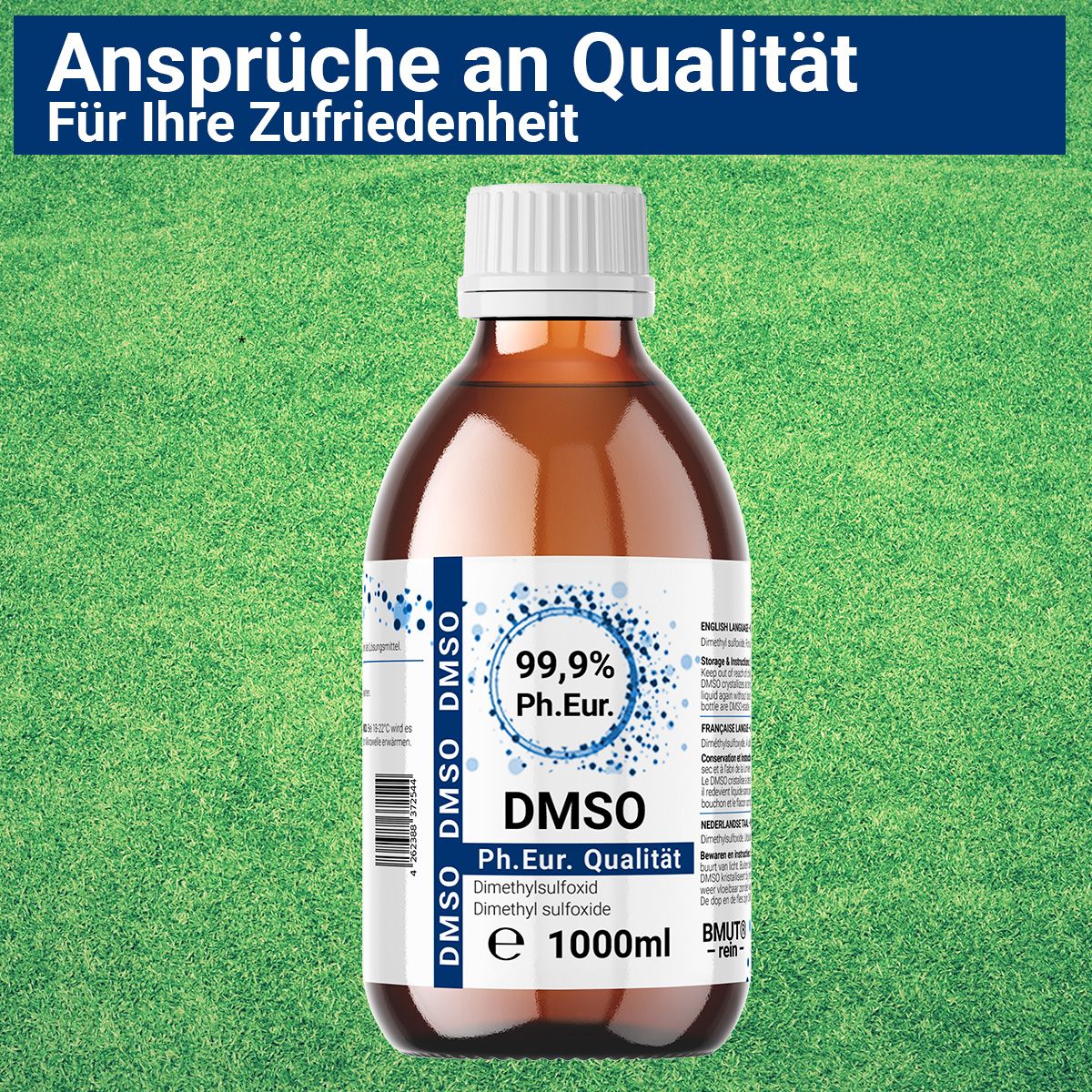 Braune Glasflasche mit weißem Schraubverschluss, gefüllt mit 1000ml DMSO Ph.Eur. Qualität.