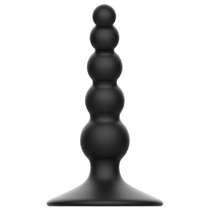 Schwarzer Analplug mit abgerundeten Kugeln und breiter Basis. Aus flexiblem Material.
