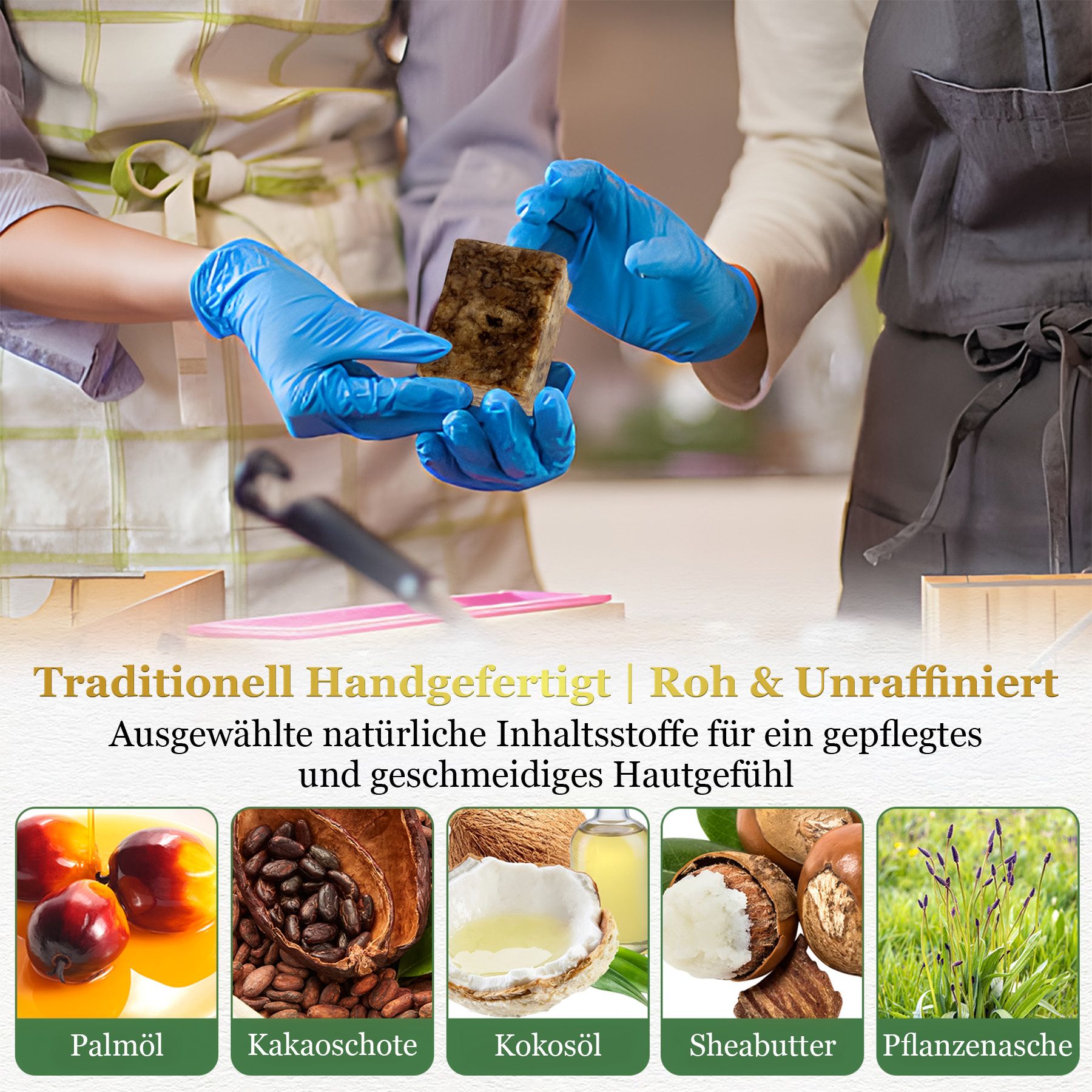Zwei Personen in blauen Handschuhen halten ein Stück handgefertigte Seife. Darunter sind Bilder von Palmöl, Kakaoschoten, Kokosöl, Sheabutter und Pflanzenasche.