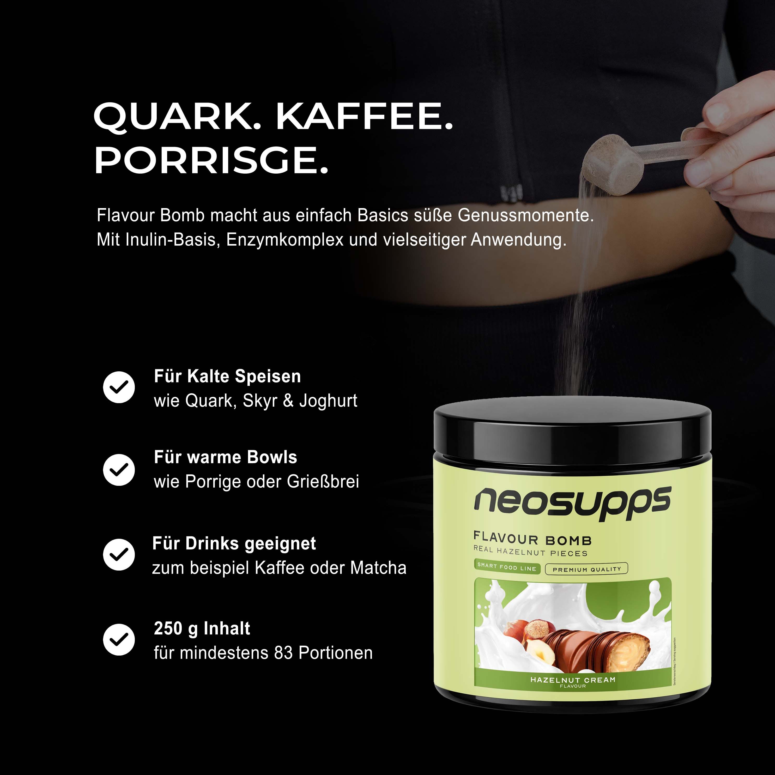 Neosupps Flavour Bomb Haselnuss Cream Aromapulver mit gehackten Haselnüssen.