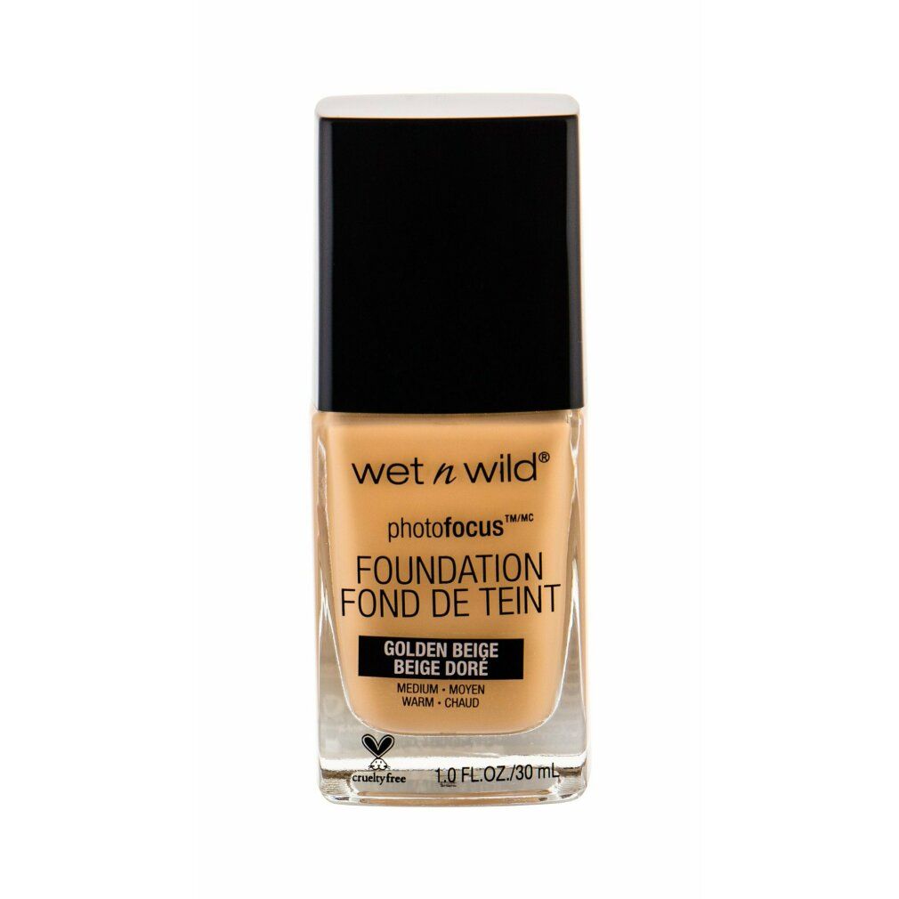 Wet n Wild Photofocus Foundation. Golden Beige. Flasche mit schwarzem Deckel. Cruelty-free Logo.