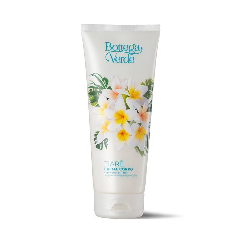 Bottega Verde Tiarè crema corpo. Tubo bianco con un design floreale di fiori bianchi e gialli. Il nome del marchio e del prodotto sono ben visibili. Il tubo ha un tappo bianco ed è destinato alla cura del corpo.