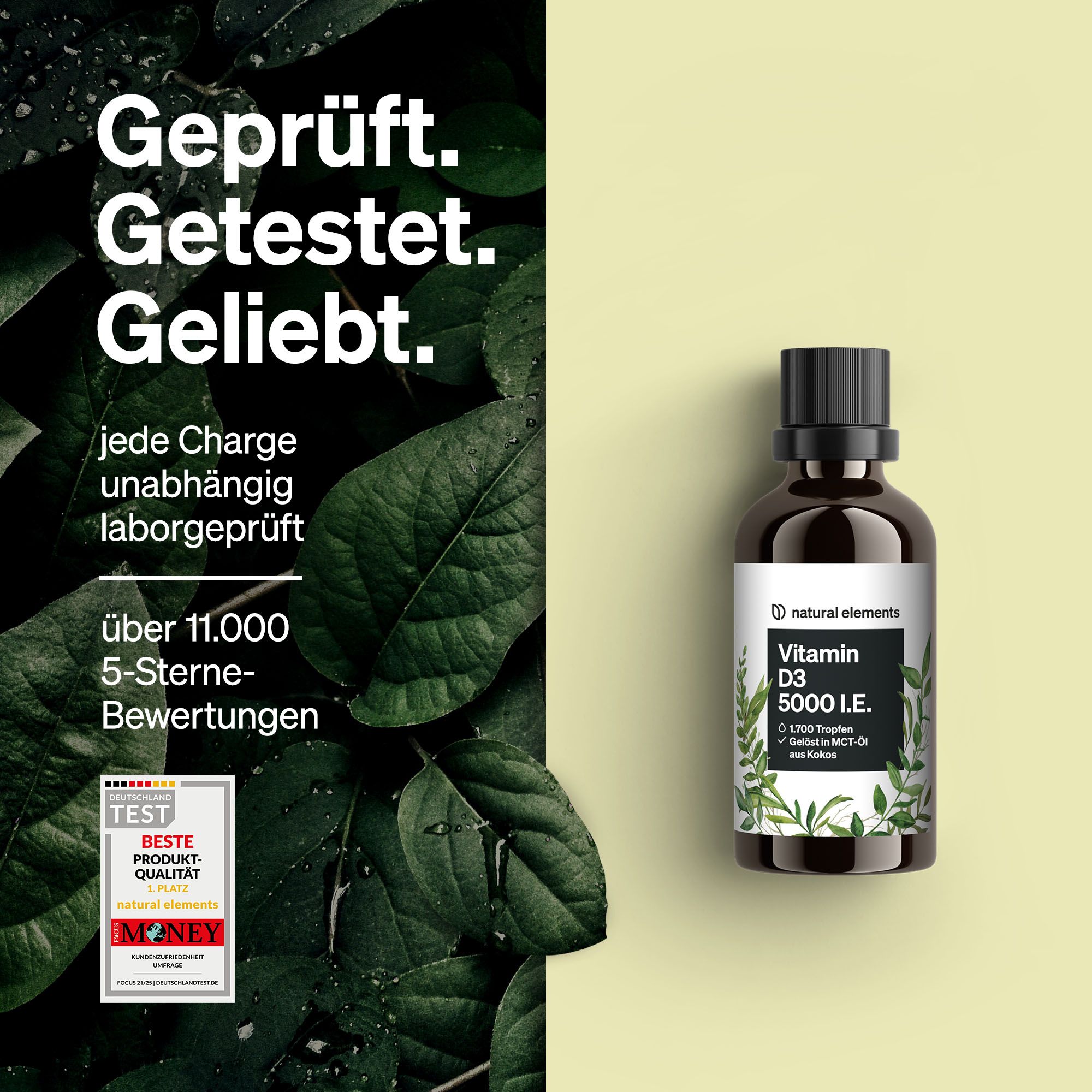 Produktflasche mit Etikett. "natural elements Vitamin D3 5000 I.E.". Text: "Geprüft. Getestet. Geliebt.". Über 11.000 5-Sterne-Bewertungen.