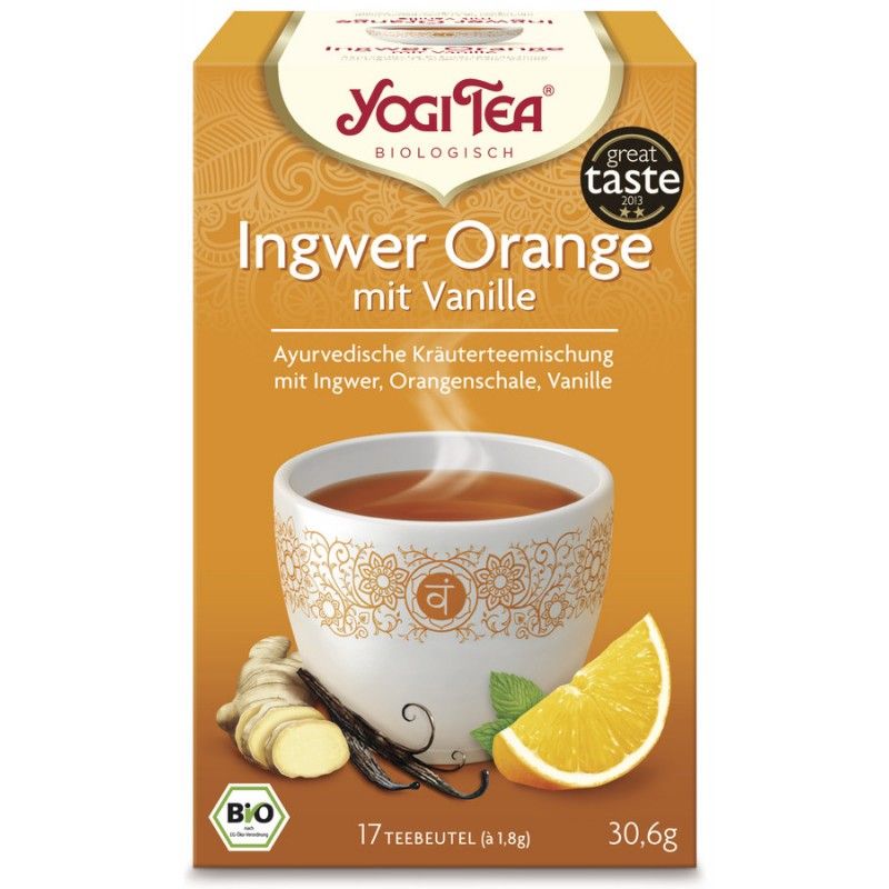 Verpackung von Yogi Tea Ingwer Orange mit Vanille. Zeigt eine Tasse Tee, Zutaten wie Ingwer, Vanille, Orange. Bio-Siegel.