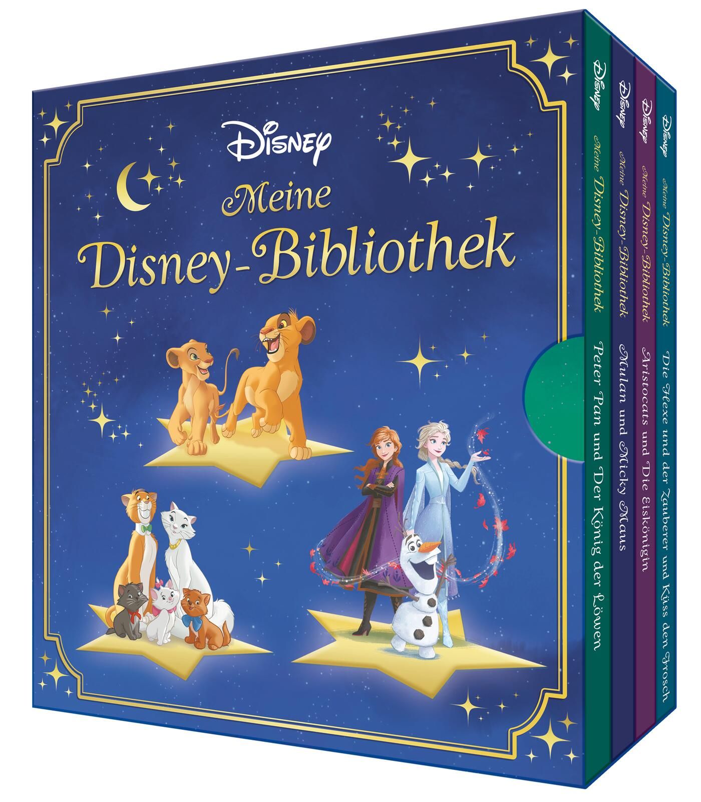 Buch-Set: Disney Meine Disney-Bibliothek. Enthält mehrere Bücher mit Disney-Figuren. Titel auf Deutsch. Blauer Einband mit Illustrationen.