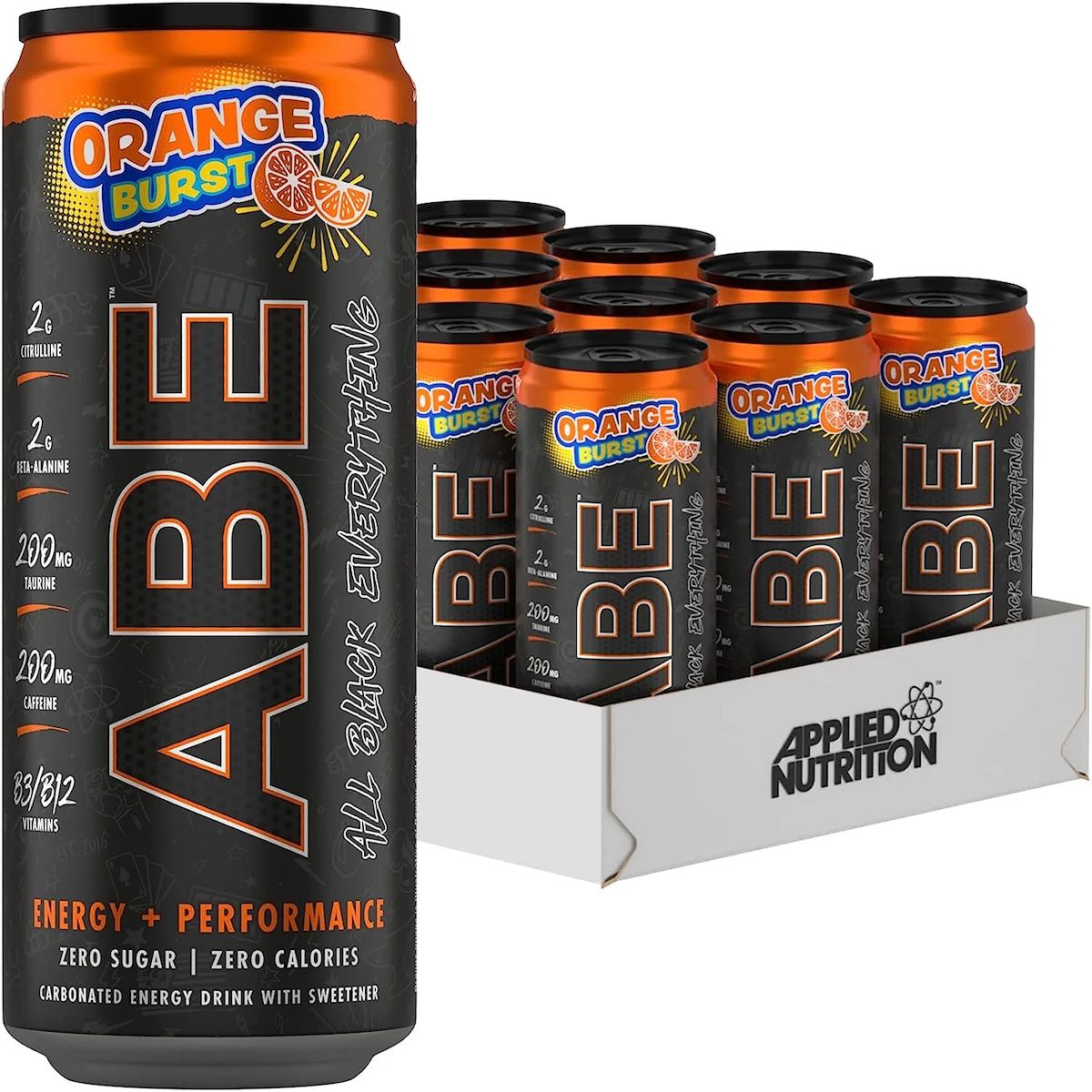 Dosen-Packung mit ABE Energy Drink. Schwarze Dose mit orangefarbenem Deckel und Schriftzug. In einer weißen Box. Applied Nutrition Logo.