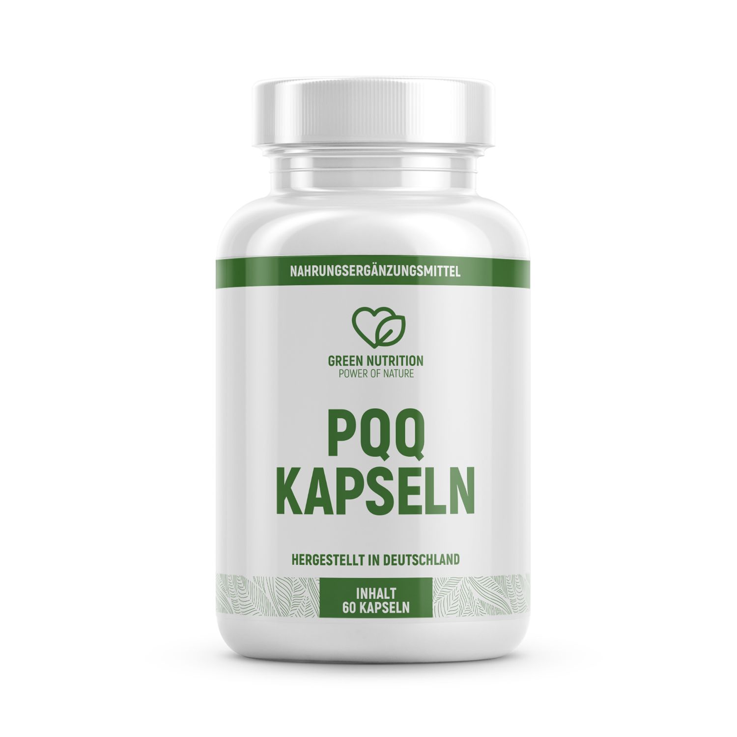 Weißes Pillenfläschchen mit grünem Etikett. Aufschrift: PQQ Kapseln, Green Nutrition. Inhalt: 60 Kapseln. Hergestellt in Deutschland.