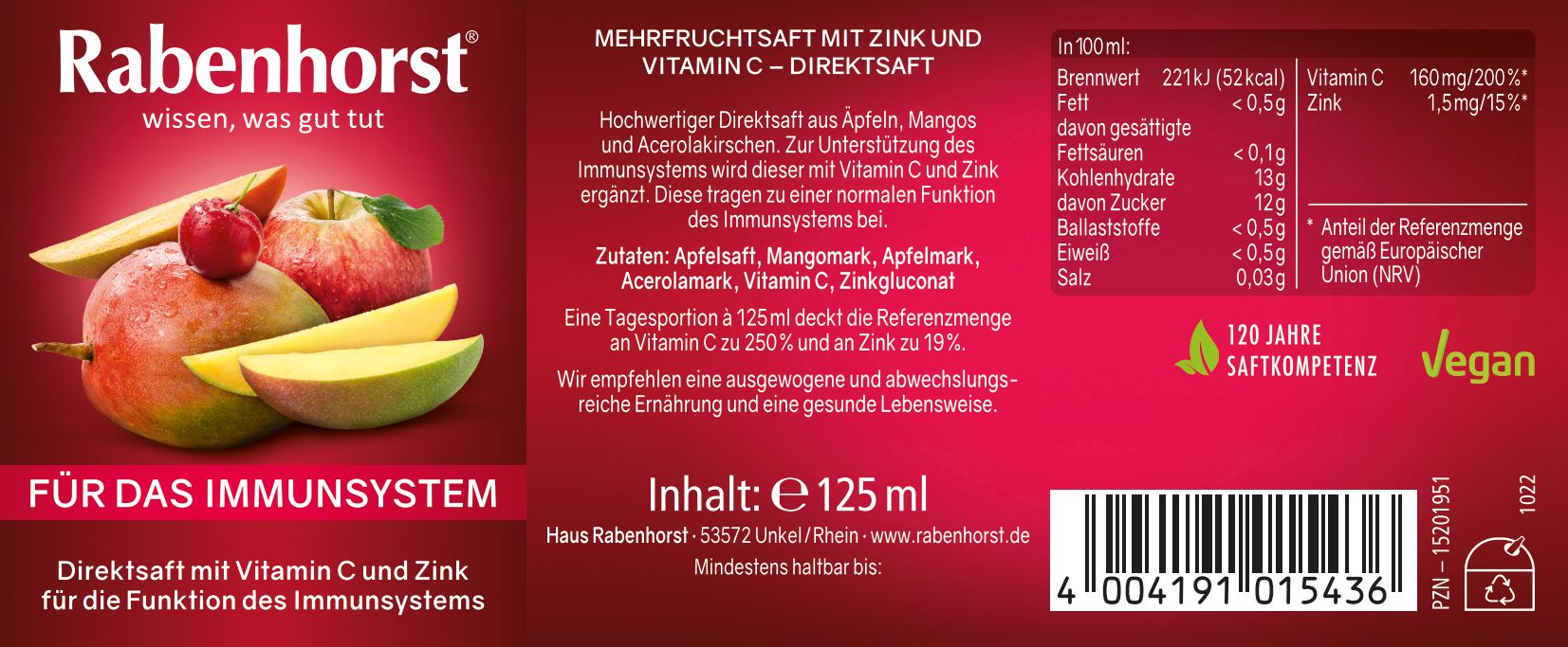 Etikett einer kleinen Flasche. Aufschrift: Rabenhorst Für das Immunsystem. Mit Vitamin C und Zink.