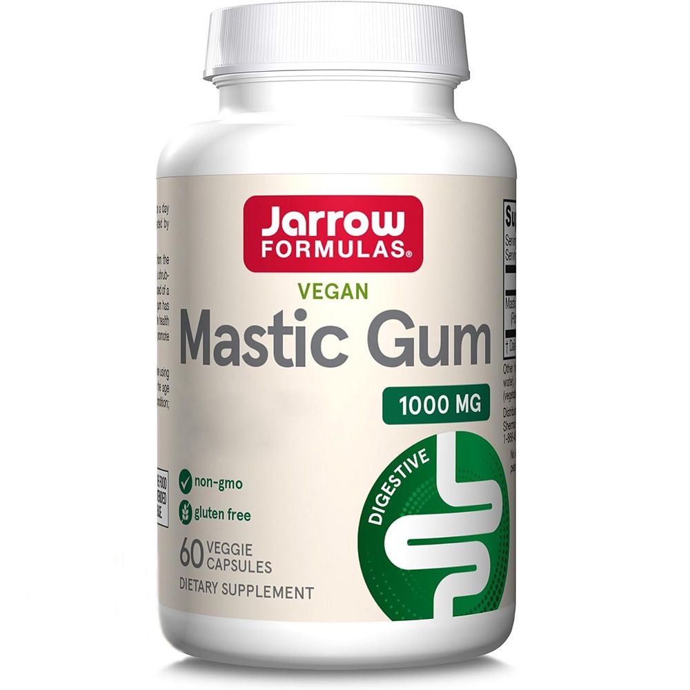Weiße Flasche mit Kapseln. Aufschrift: Jarrow Formulas, Mastic Gum, 1000 mg, vegan, 60 Kapseln. Logo für Verdauung.
