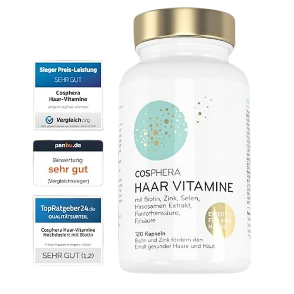 Weiße Flasche Cosphera Haar Vitamine mit Bewertungen. Enthält 120 Kapseln. Aufschrift: Biotin, Zink, Selen, Pantothensäure, Folsäure.