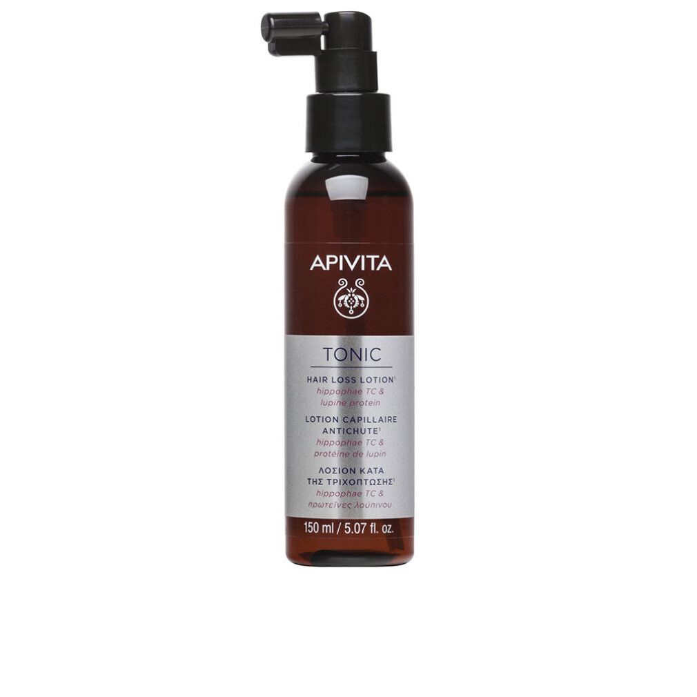 Flasche und Verpackung. Aufschrift: Apivita Tonic Hair Loss Lotion.