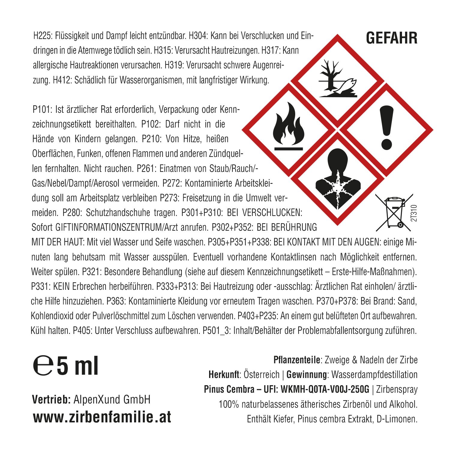 Etikett mit Gefahrensymbolen und Text. Enthält Informationen zu Inhaltsstoffen und Hersteller. Volumen: 5 ml.