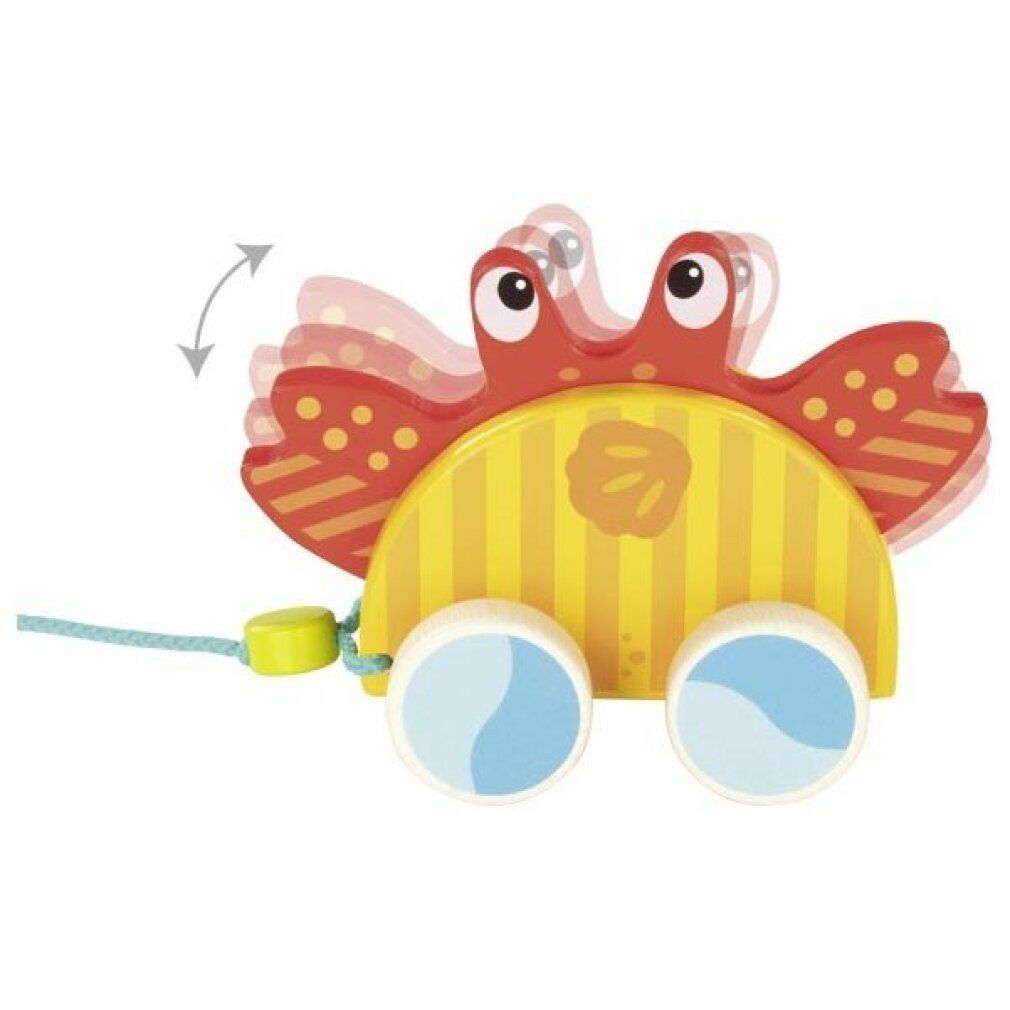 Holzkrabbe auf Rädern mit Zugband. Gelb-orangefarbenes Design. Zwei Räder mit blauen Akzenten. Rote Krabbenarme.