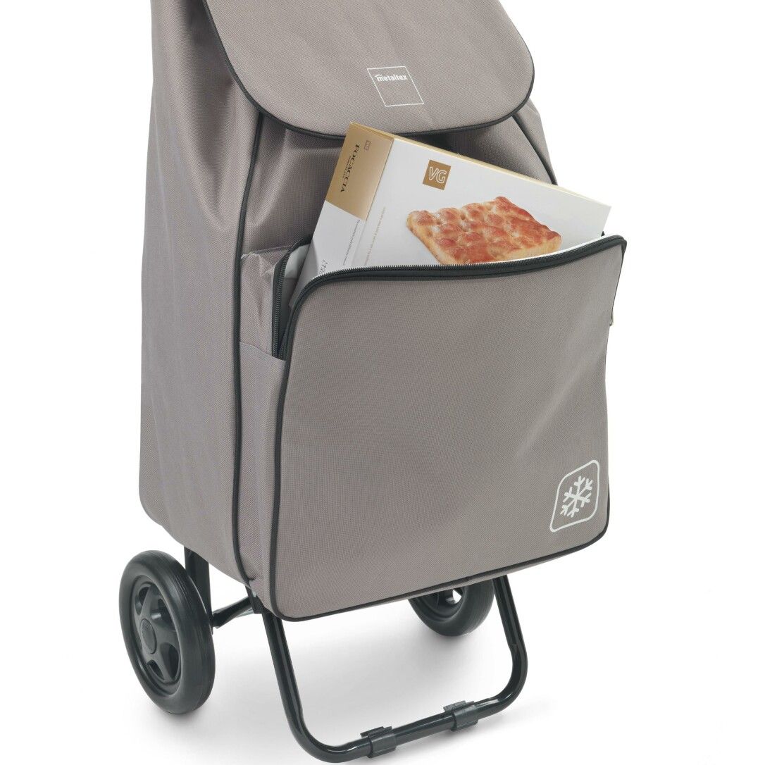 METALTEX Shopping-Trolley Krokus mit Kühltasche. Graue Tasche, schwarze Räder. Tasche mit Pizza-Verpackung. Kühltaschen-Symbol.