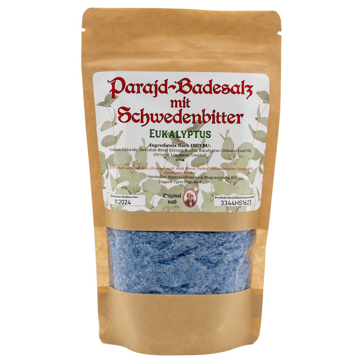 Beutel mit blauem Badesalz. Aufschrift: Parajd-Badesalz mit Schwedenbitter, Eukalyptus. Zutatenliste. MHD: 11.2024.