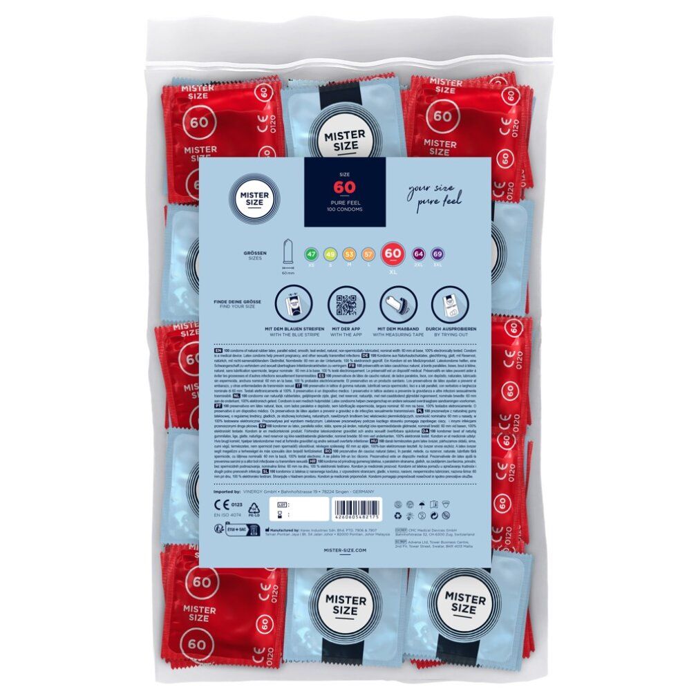 Verpackung mit Kondomen. Rückseite mit Informationen und Piktogrammen. Kondome in Rot und Blau mit der Aufschrift "Mister Size 60".