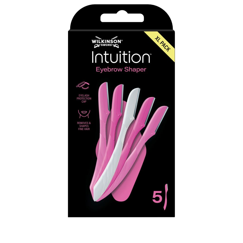 Verpackung mit fünf Wilkinson Sword Intuition Augenbrauen-Rasierern, drei rosa und zwei weiß.