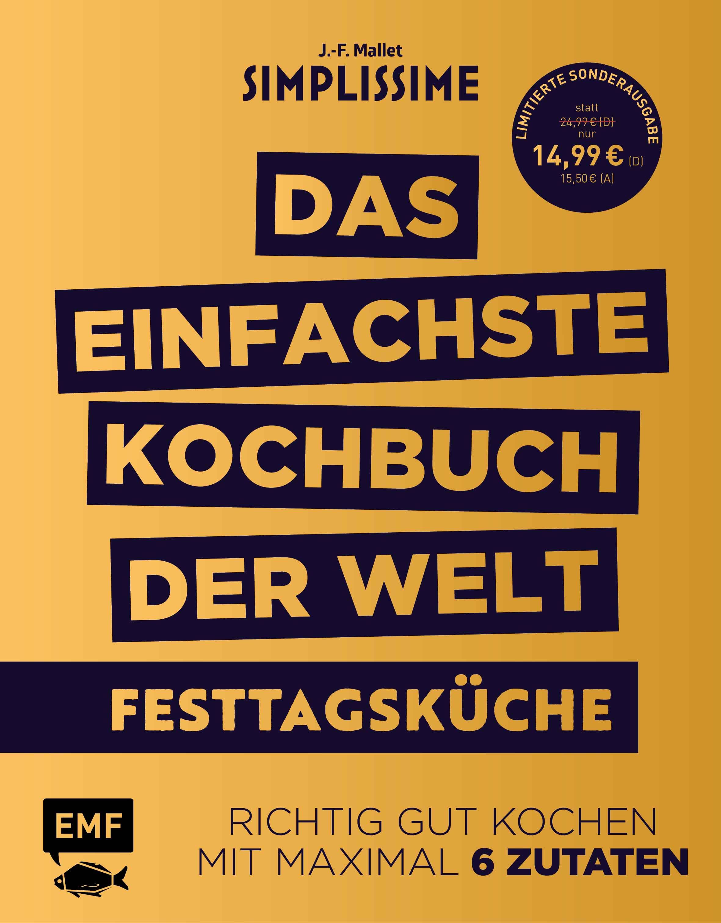 Buchcover: Simplissime – Das einfachste Kochbuch der Welt: Festtagsküche. Titel in Blöcken. Preis: 14,99€.